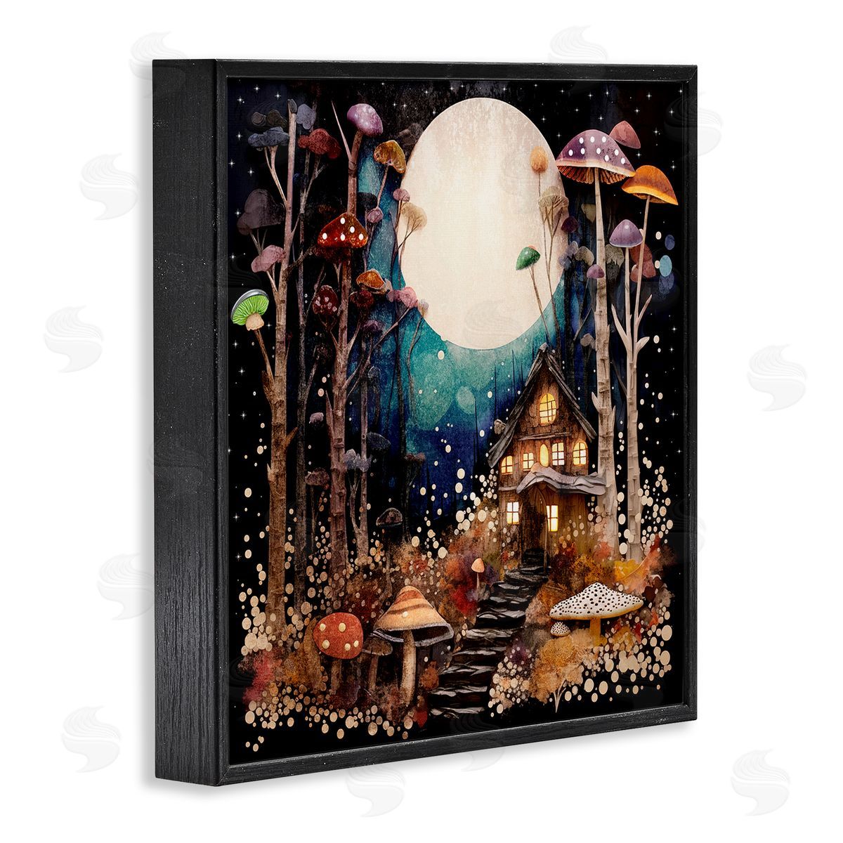 Sasha Whimsical Mushroom Cottage Black Framed Giclee Wall Art Print