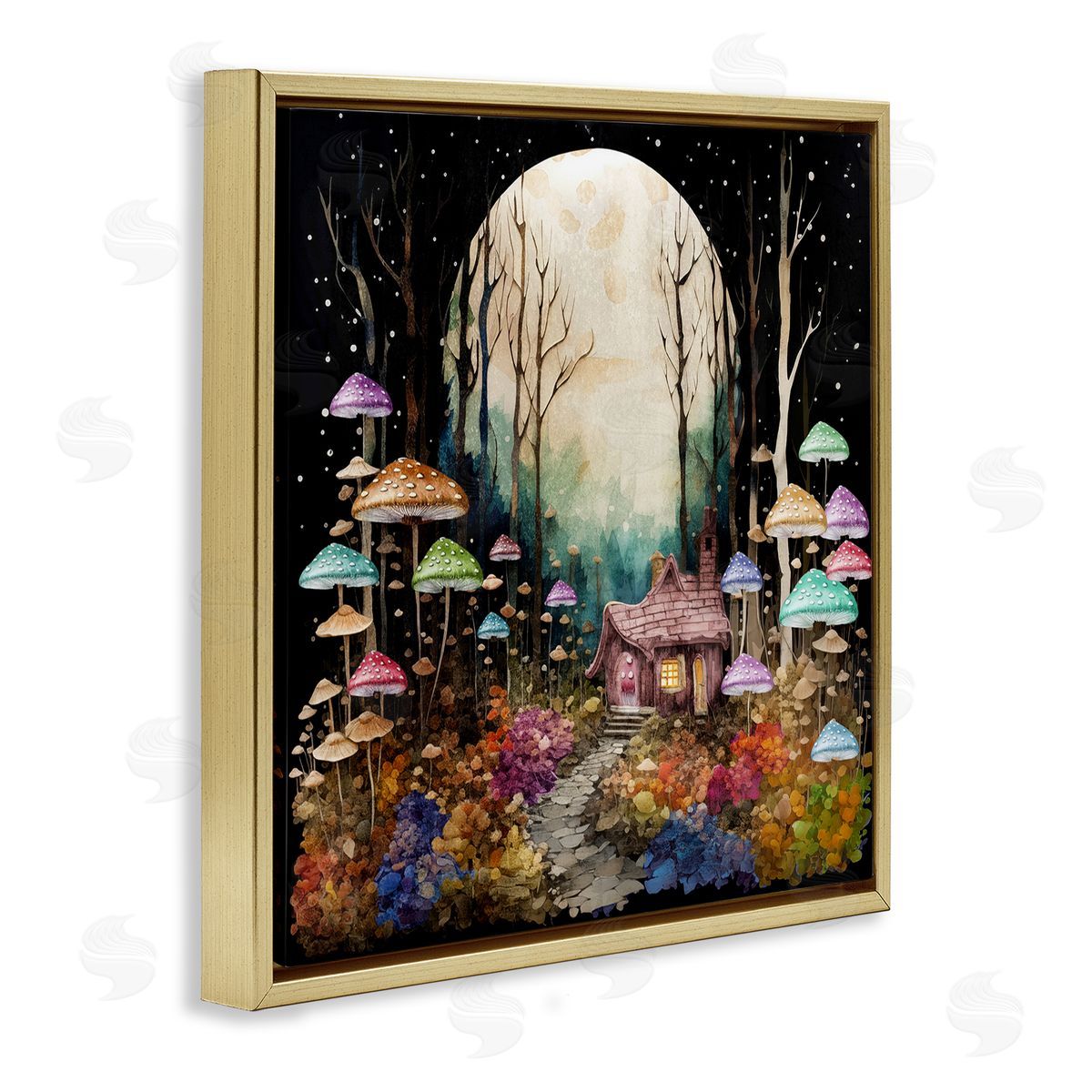 Sasha Quirky Mushroom Forest Gold Floating Frame Canvas Wall Art Print