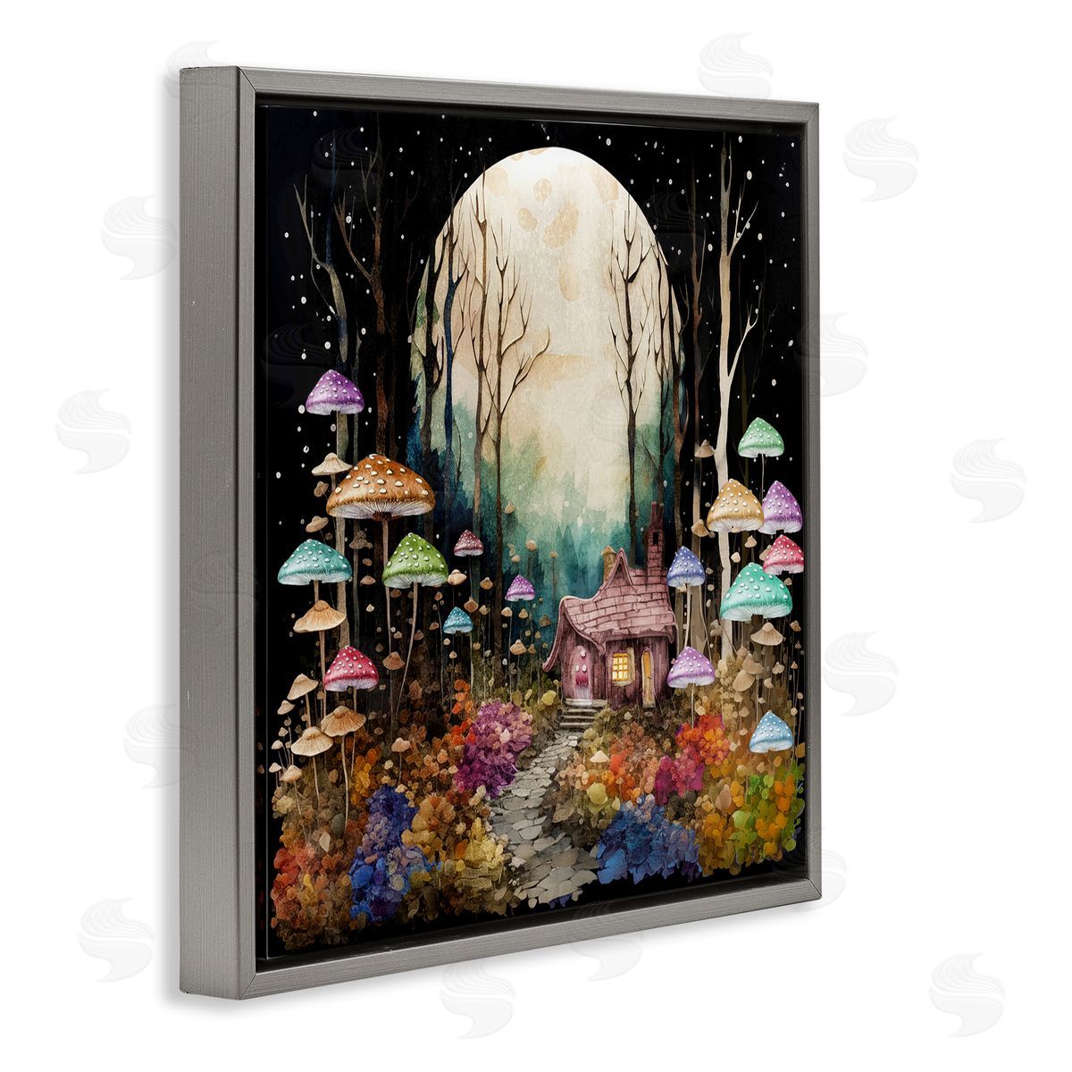 Sasha Quirky Mushroom Forest Gray Floating Frame Canvas Wall Art Print