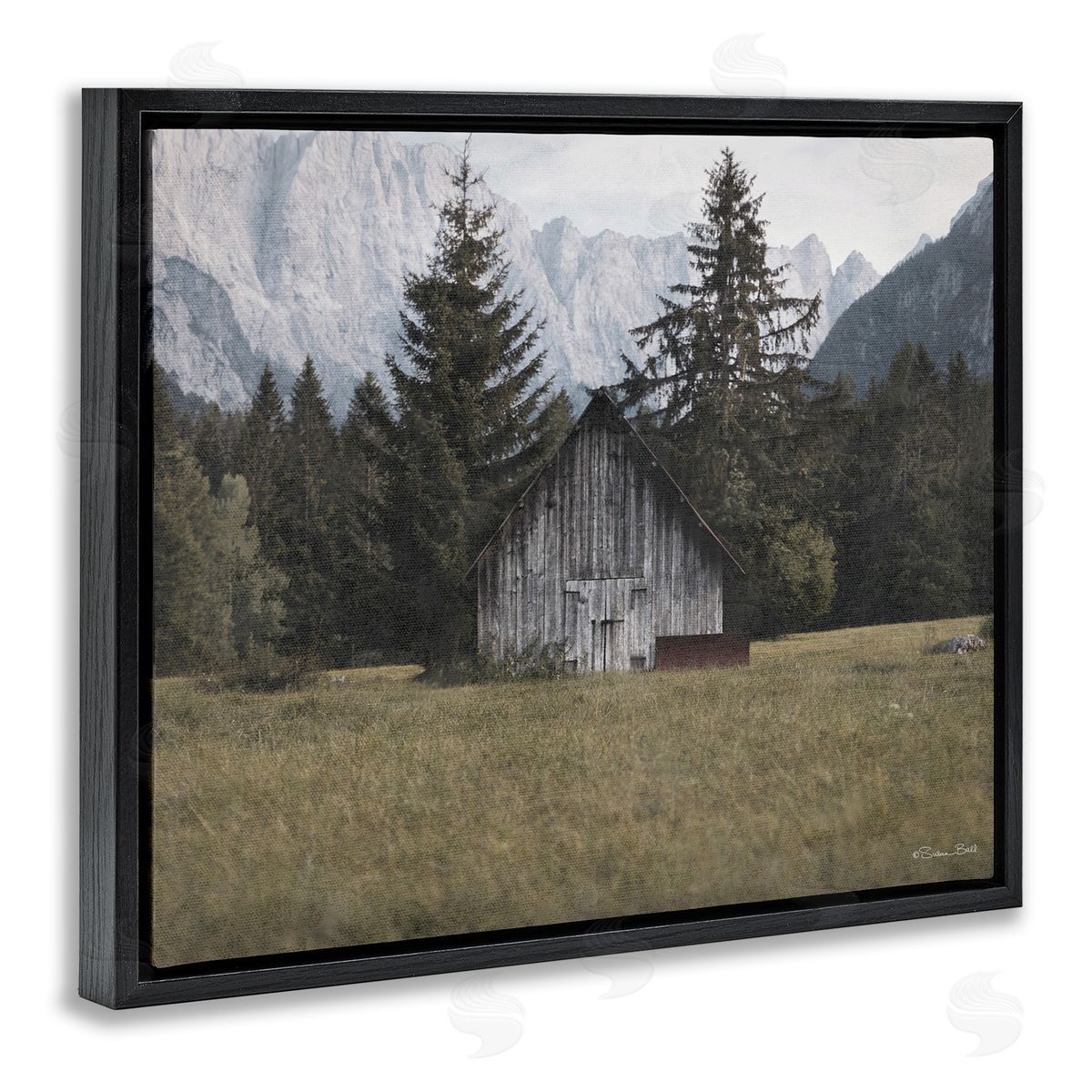 Rustic Cabin Landscape Black Floating Frame Canvas Wall Art, Home Decor by Susan Ball