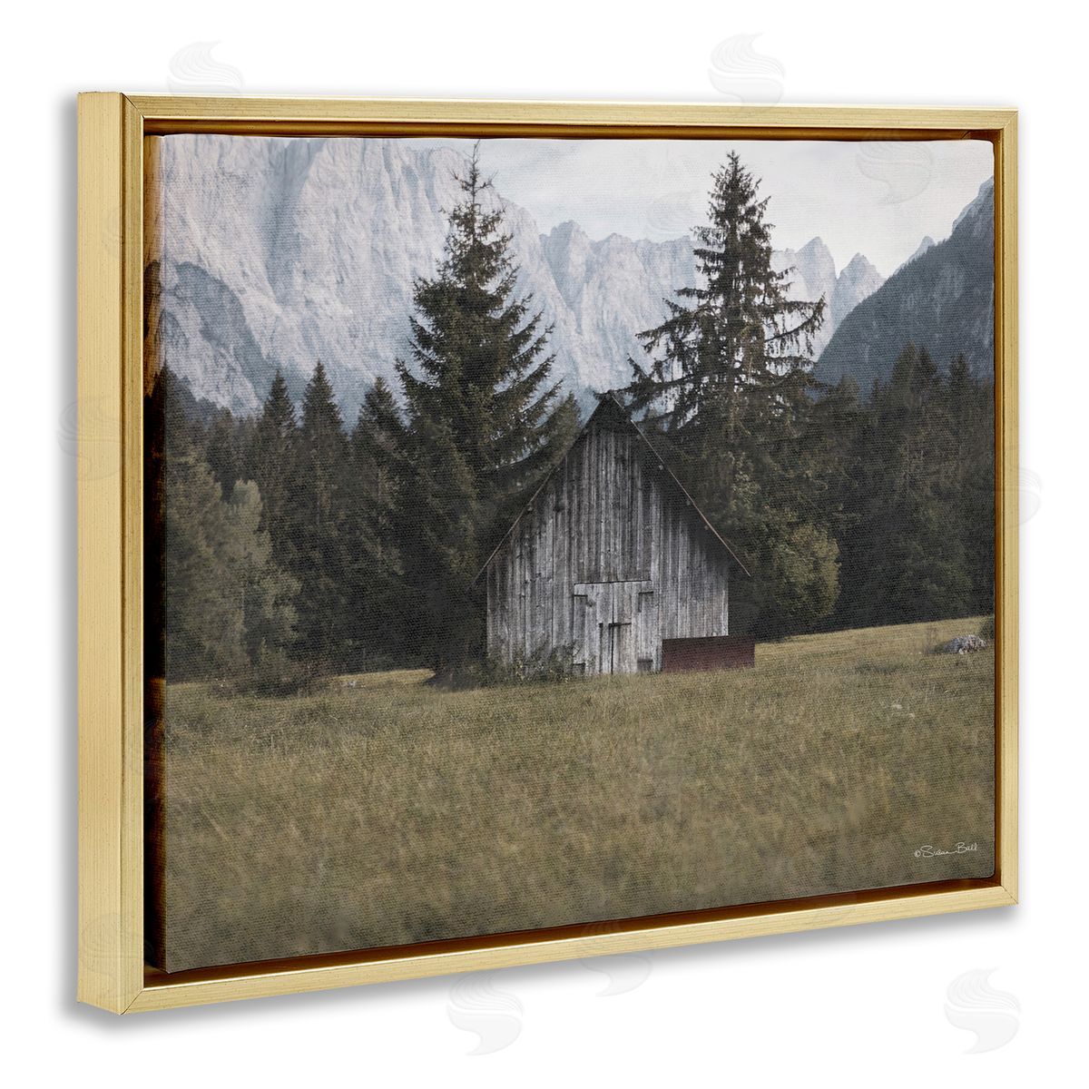 Rustic Cabin Landscape Gold Floating Frame Canvas Wall Art, Home Decor by Susan Ball