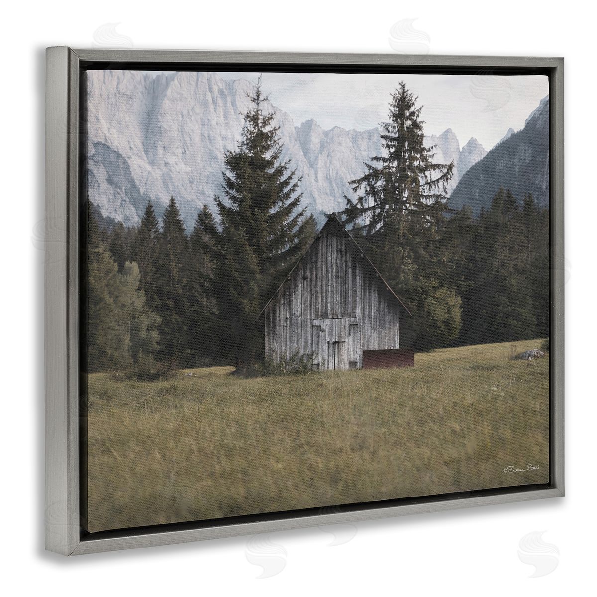 Rustic Cabin Landscape Grey Floating Frame Canvas Wall Art, Home Decor by Susan Ball