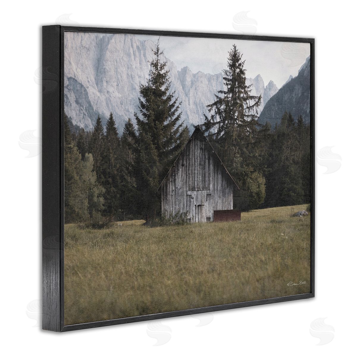 Rustic Cabin Landscape Black Frame Print Wall Art, Home Decor by Susan Ball
