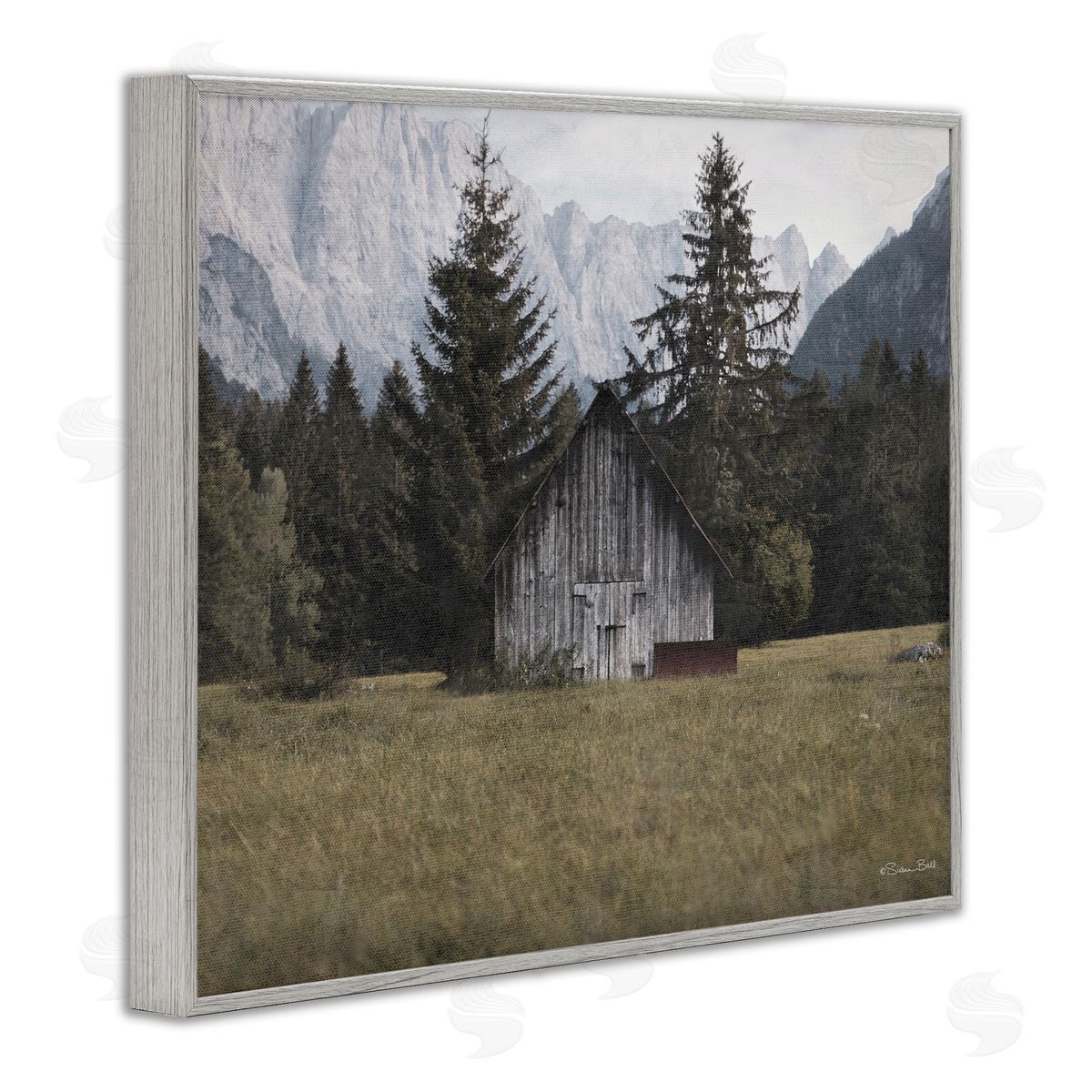 Rustic Cabin Landscape Grey Frame Print Wall Art, Home Decor by Susan Ball