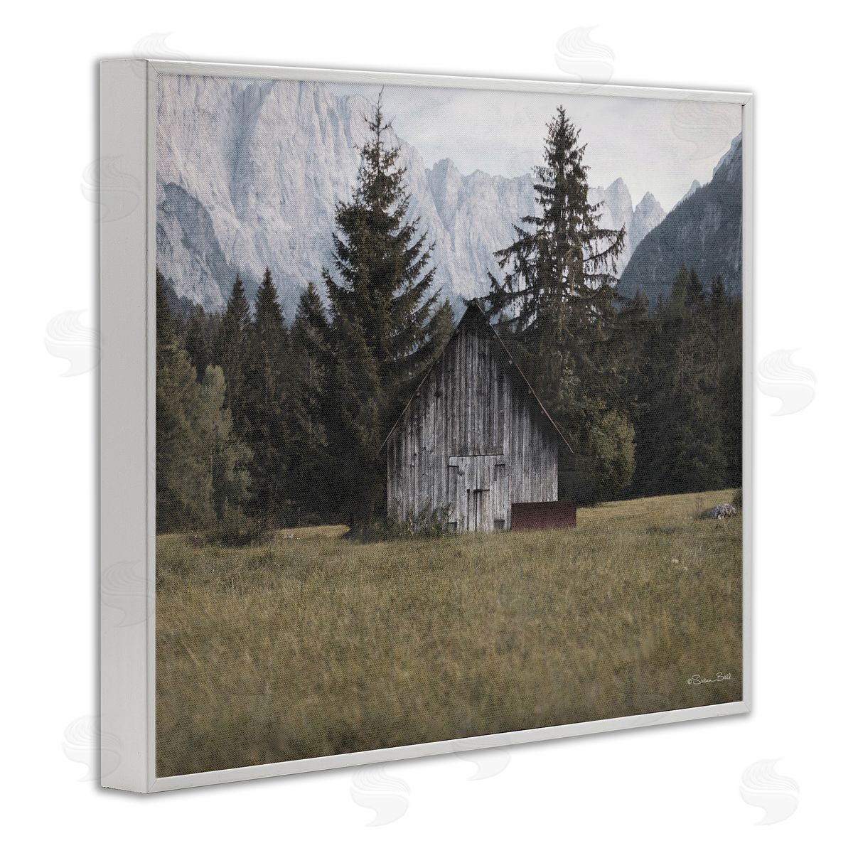 Rustic Cabin Landscape White Frame Print Wall Art, Home Decor by Susan Ball