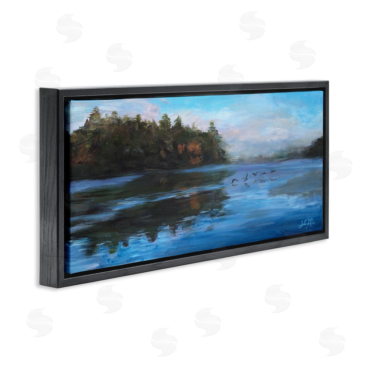 Birds Along River Black Floating Frame Canvas Wall Art, Home Decor by Julie Derice