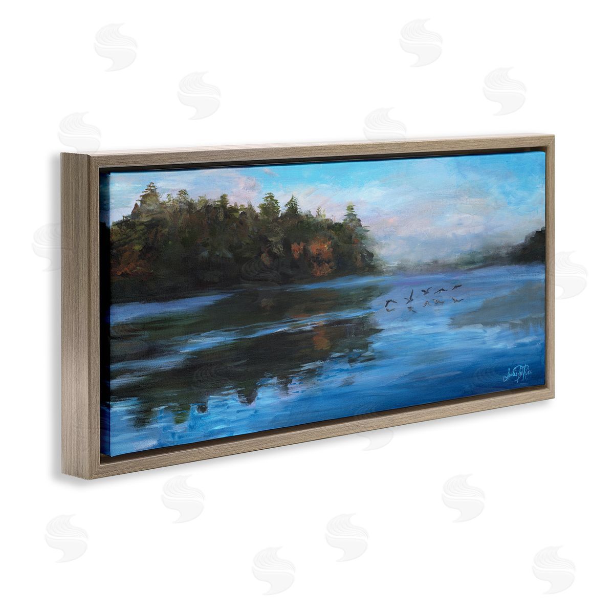 Birds Along River Brown Floating Frame Canvas Wall Art, Home Decor by Julie Derice