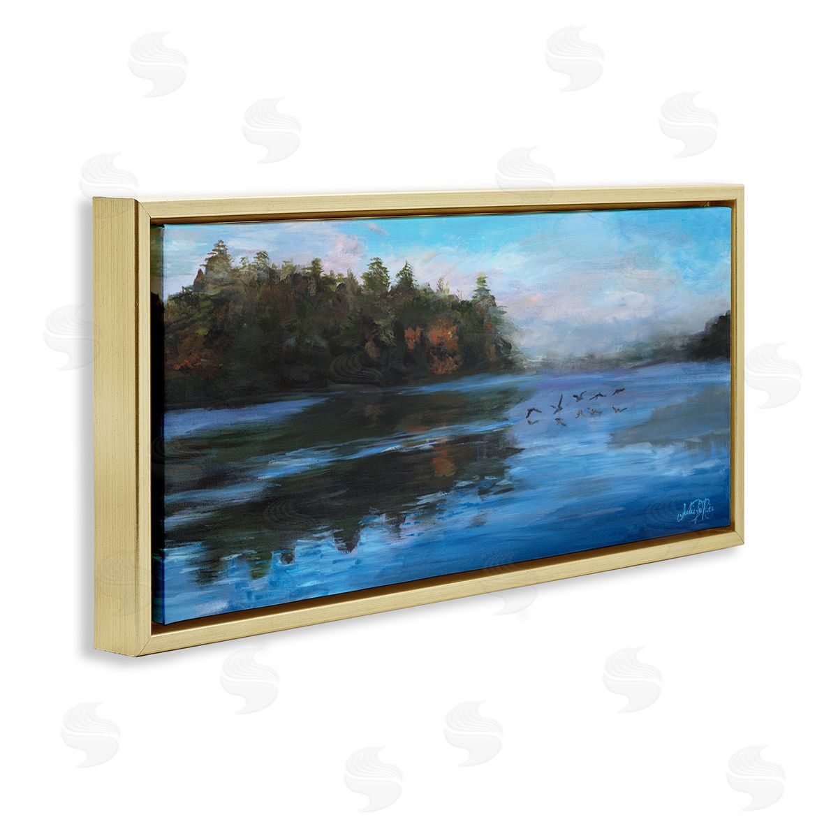 Birds Along River Gold Floating Frame Canvas Wall Art, Home Decor by Julie Derice
