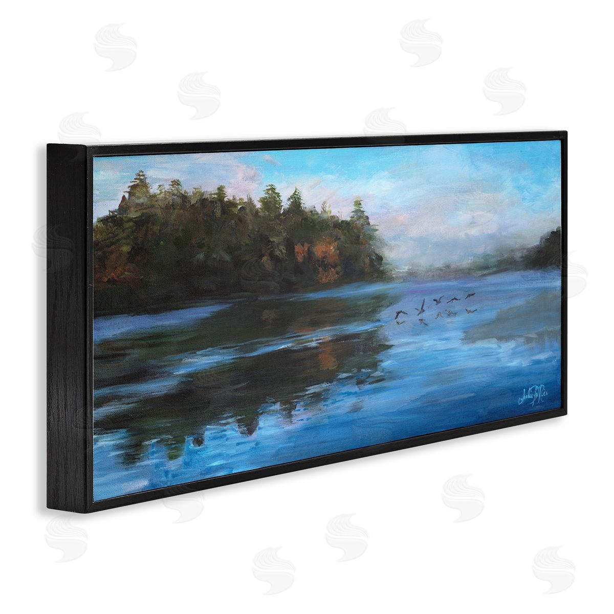 Birds Along River Black Frame Print Wall Art, Home Decor by Julie Derice