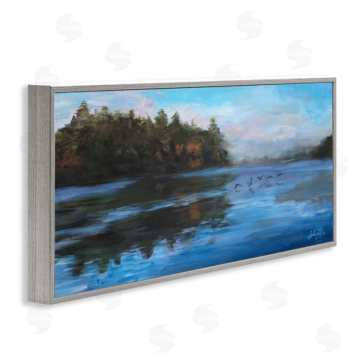 Birds Along River Grey Frame Print Wall Art, Home Decor by Julie Derice