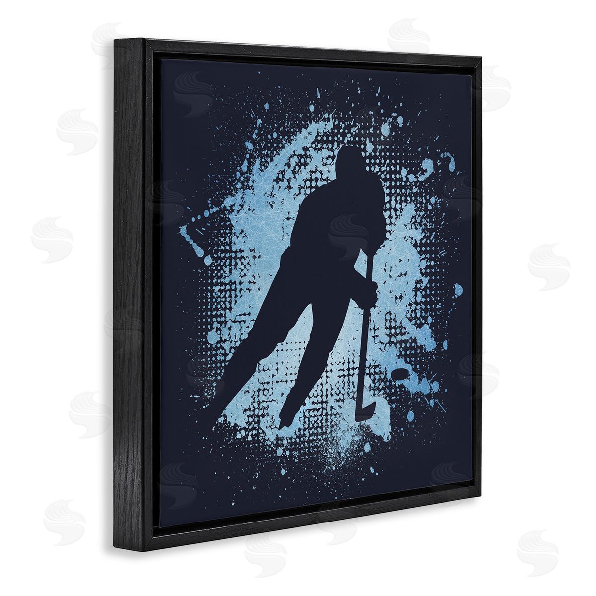 Jim Baldwin Hockey Stance Blue Splash Black Floating Frame Canvas Wall Art Print