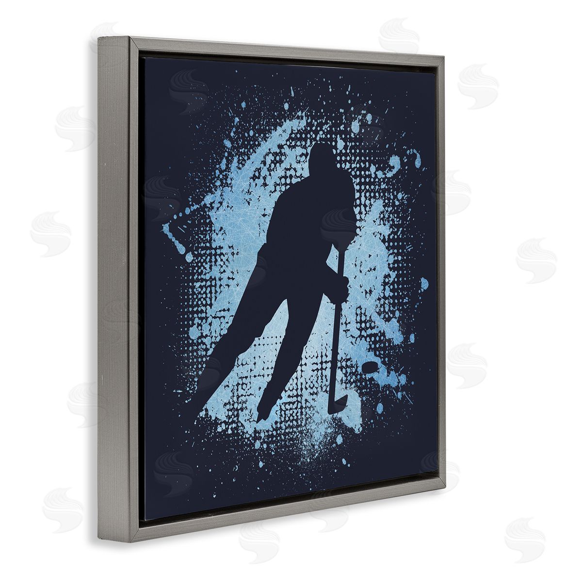 Jim Baldwin Hockey Stance Blue Splash Gray Floating Frame Canvas Wall Art Print