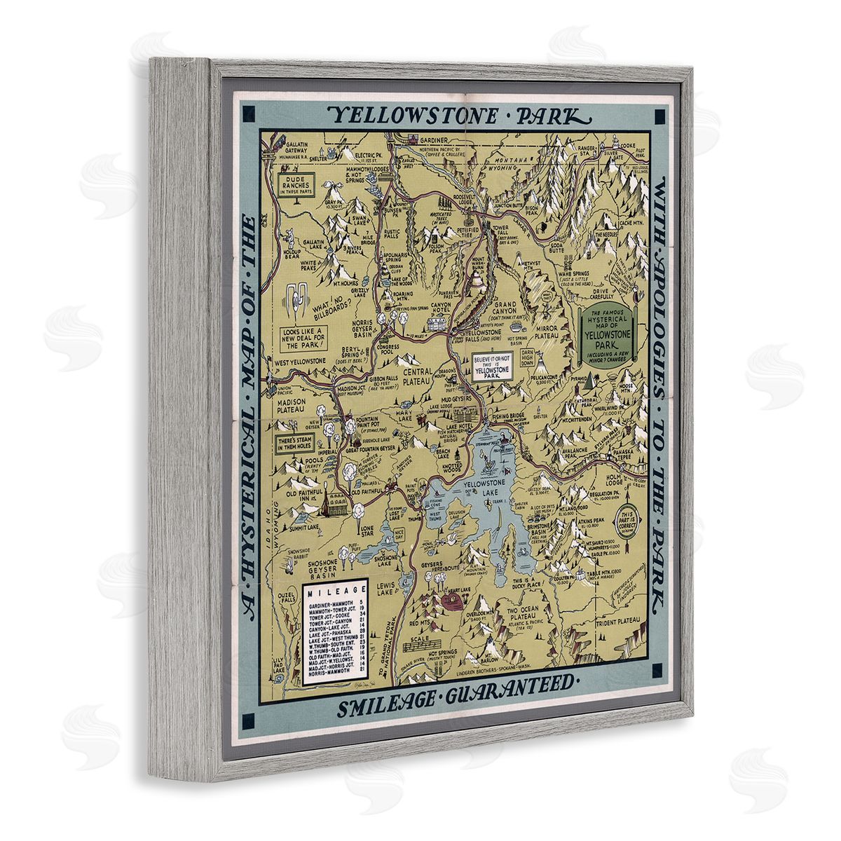 Stellar Design Studio Vintage Yellowstone Map Gray Framed Giclee Wall Art Print