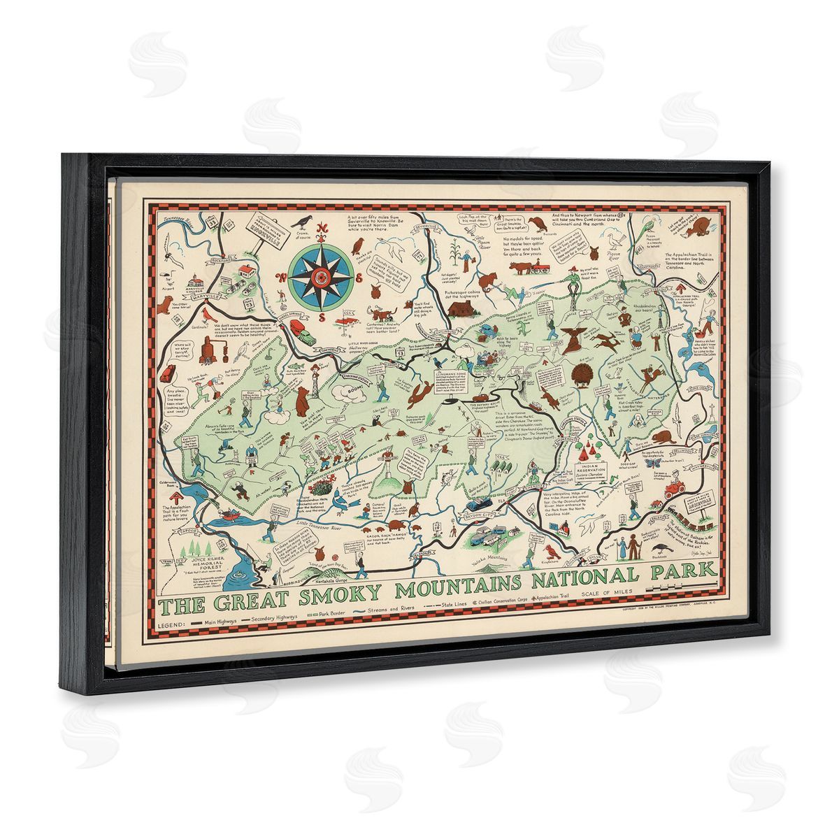 Stellar Design Studio Great Smoky Mountains Map Black Floating Frame Canvas Wall Art Print