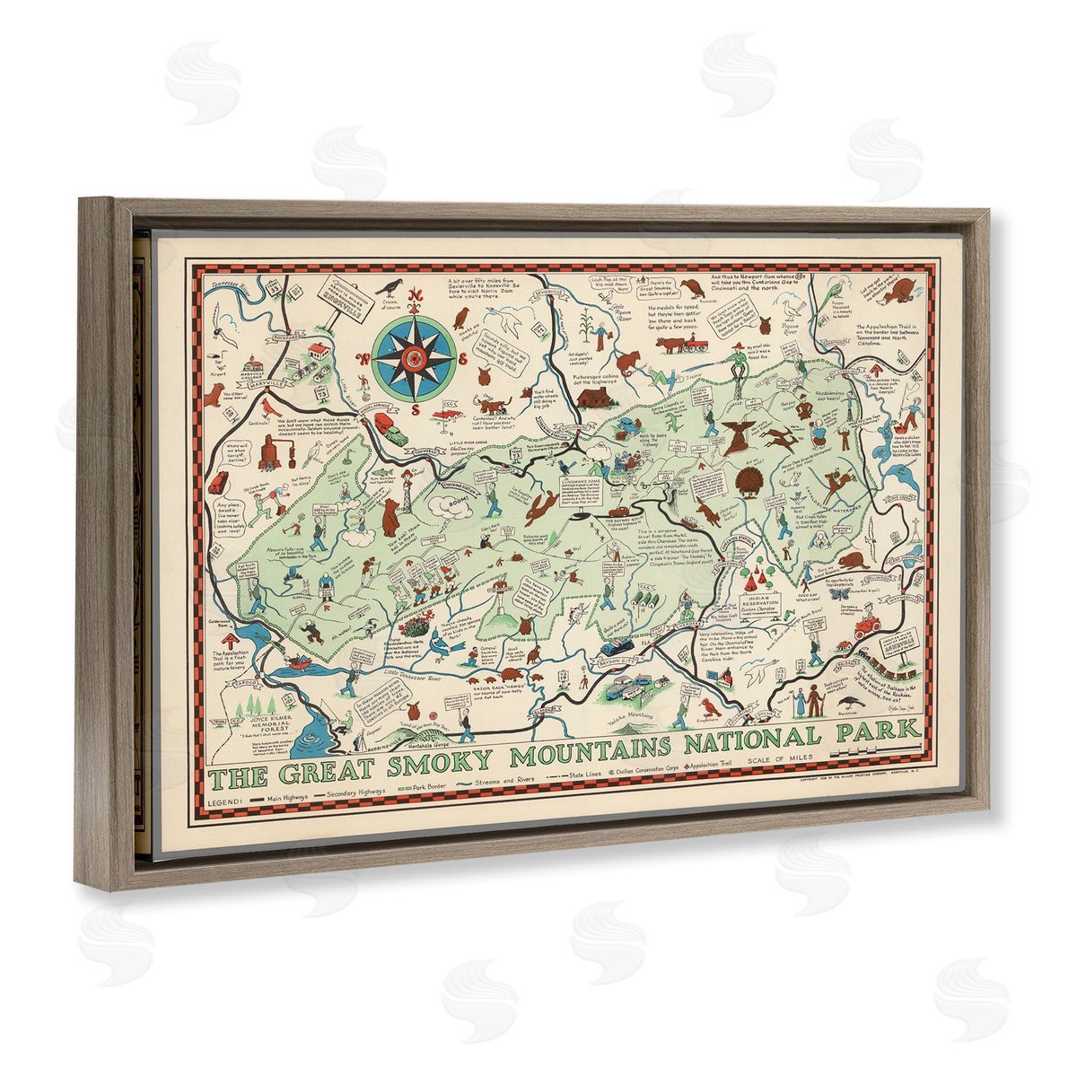 Stellar Design Studio Great Smoky Mountains Map Brown Floating Frame Canvas Wall Art Print