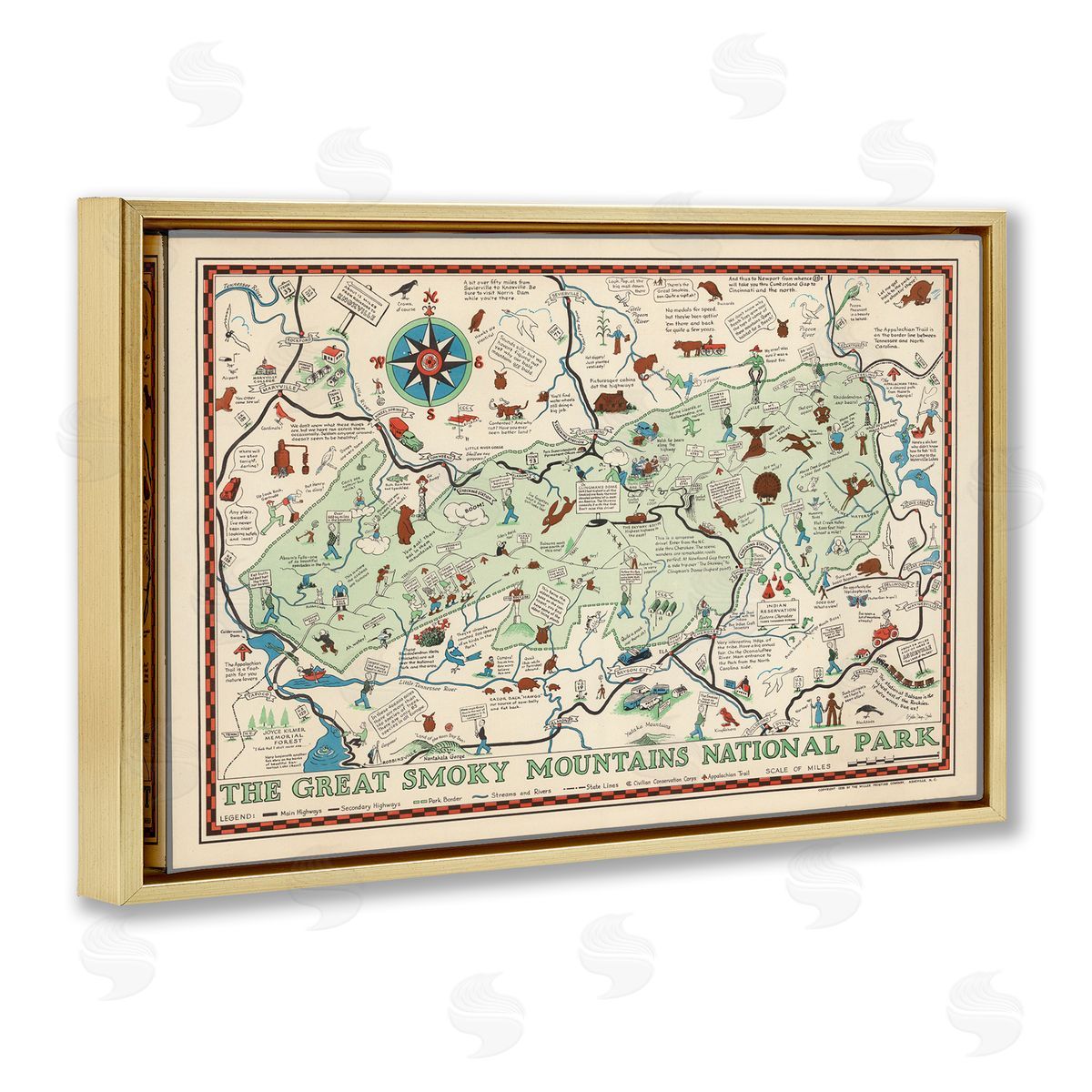 Stellar Design Studio Great Smoky Mountains Map Gold Floating Frame Canvas Wall Art Print