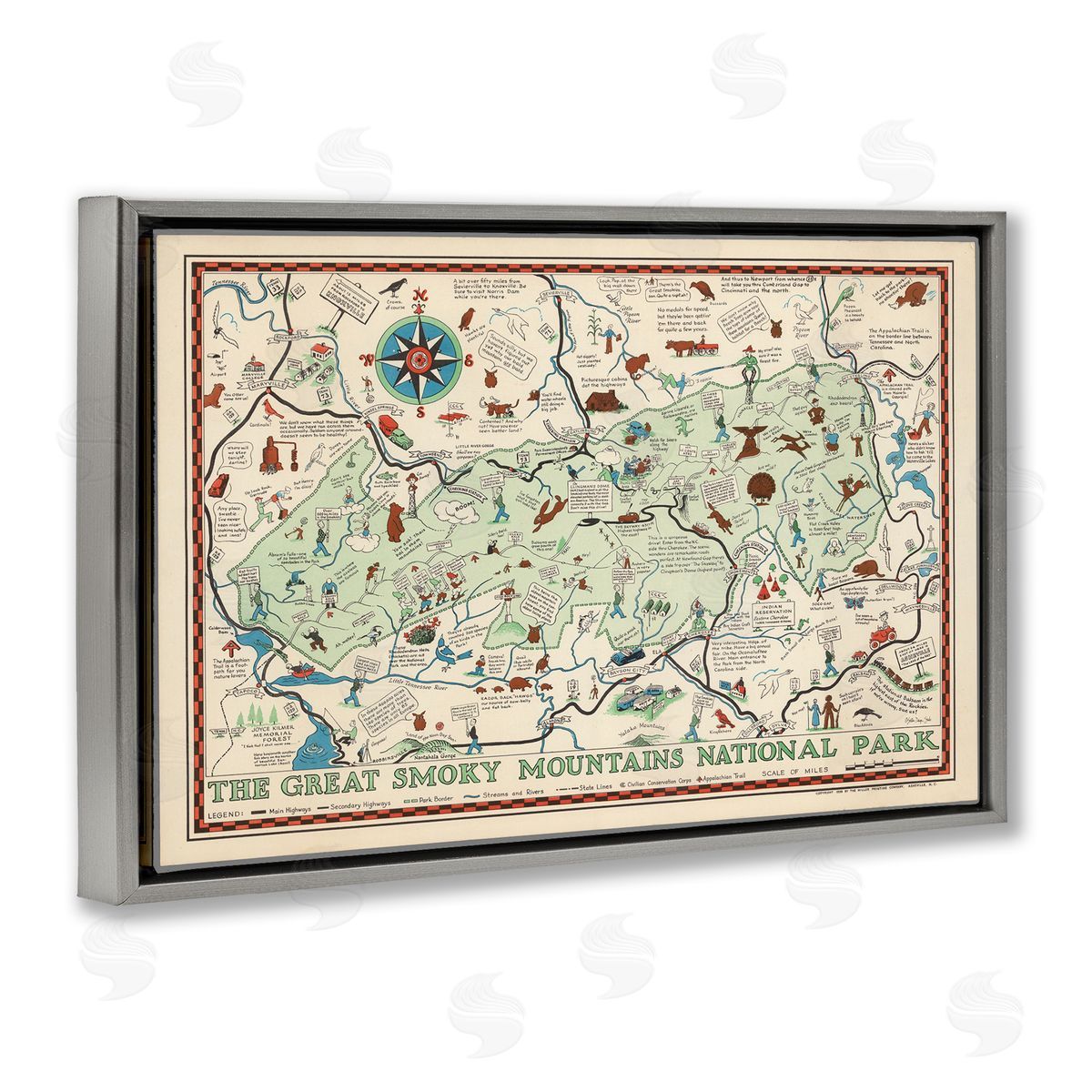 Stellar Design Studio Great Smoky Mountains Map Gray Floating Frame Canvas Wall Art Print