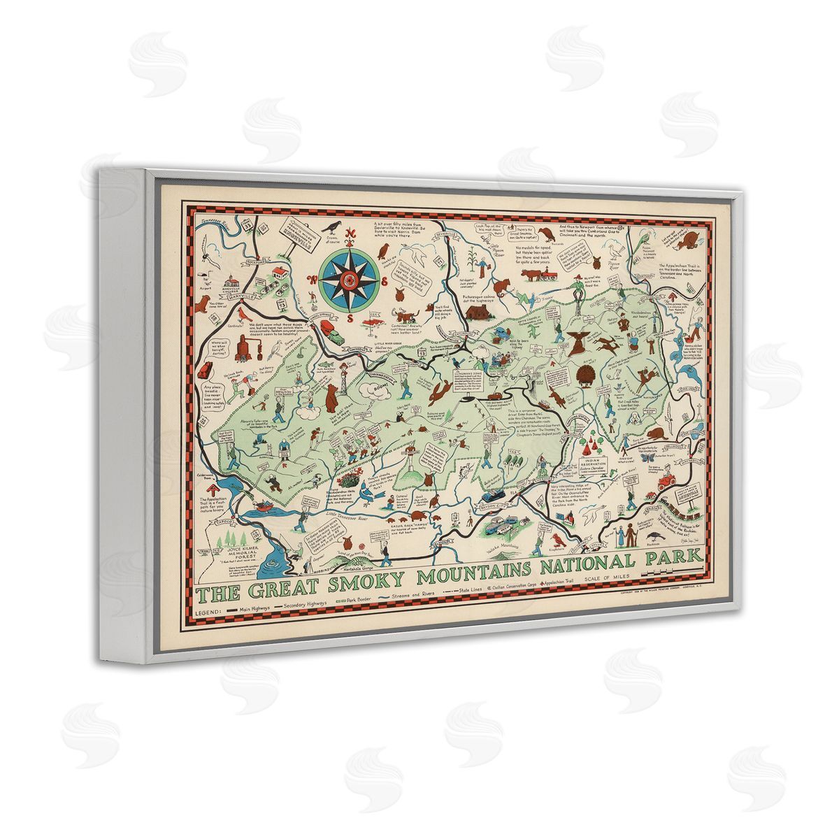 Stellar Design Studio Great Smoky Mountains Map White Framed Giclee Wall Art Print