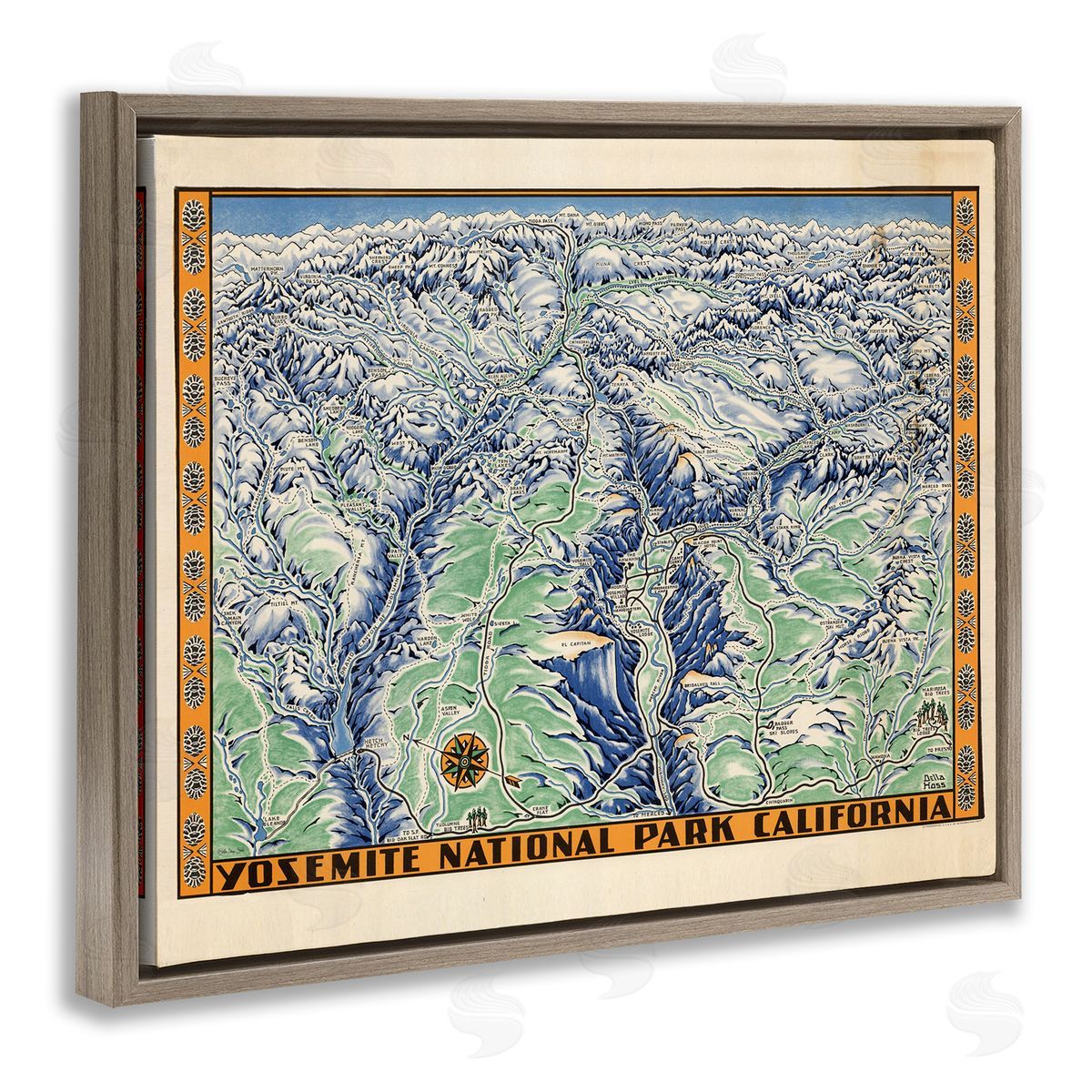 Stellar Design Studio Vintage Yosemite Map Brown Floating Frame Canvas Wall Art Print