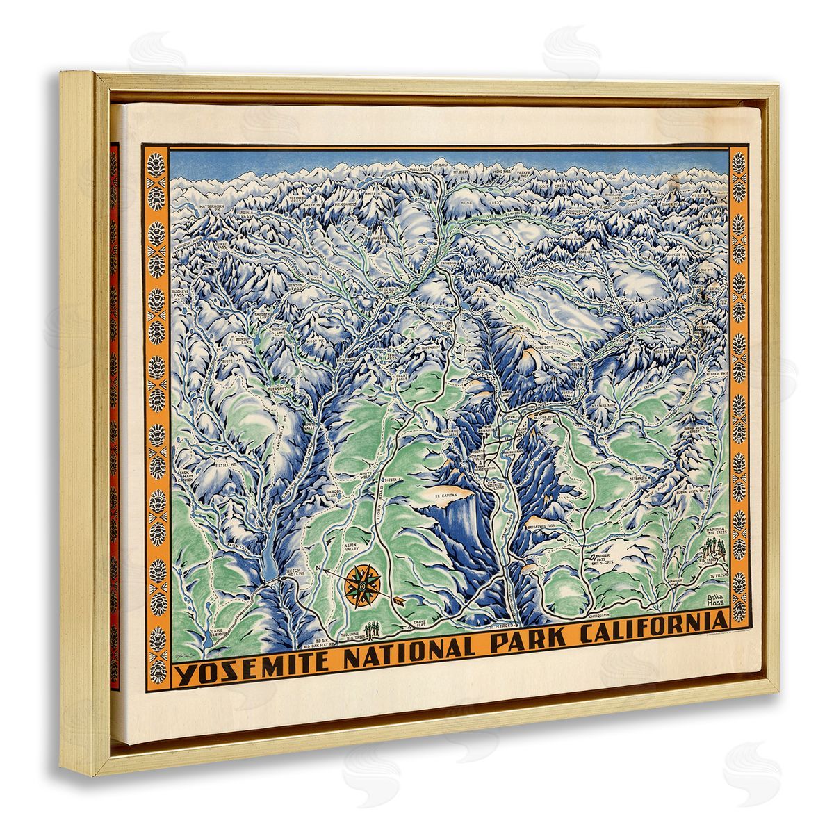 Stellar Design Studio Vintage Yosemite Map Gold Floating Frame Canvas Wall Art Print