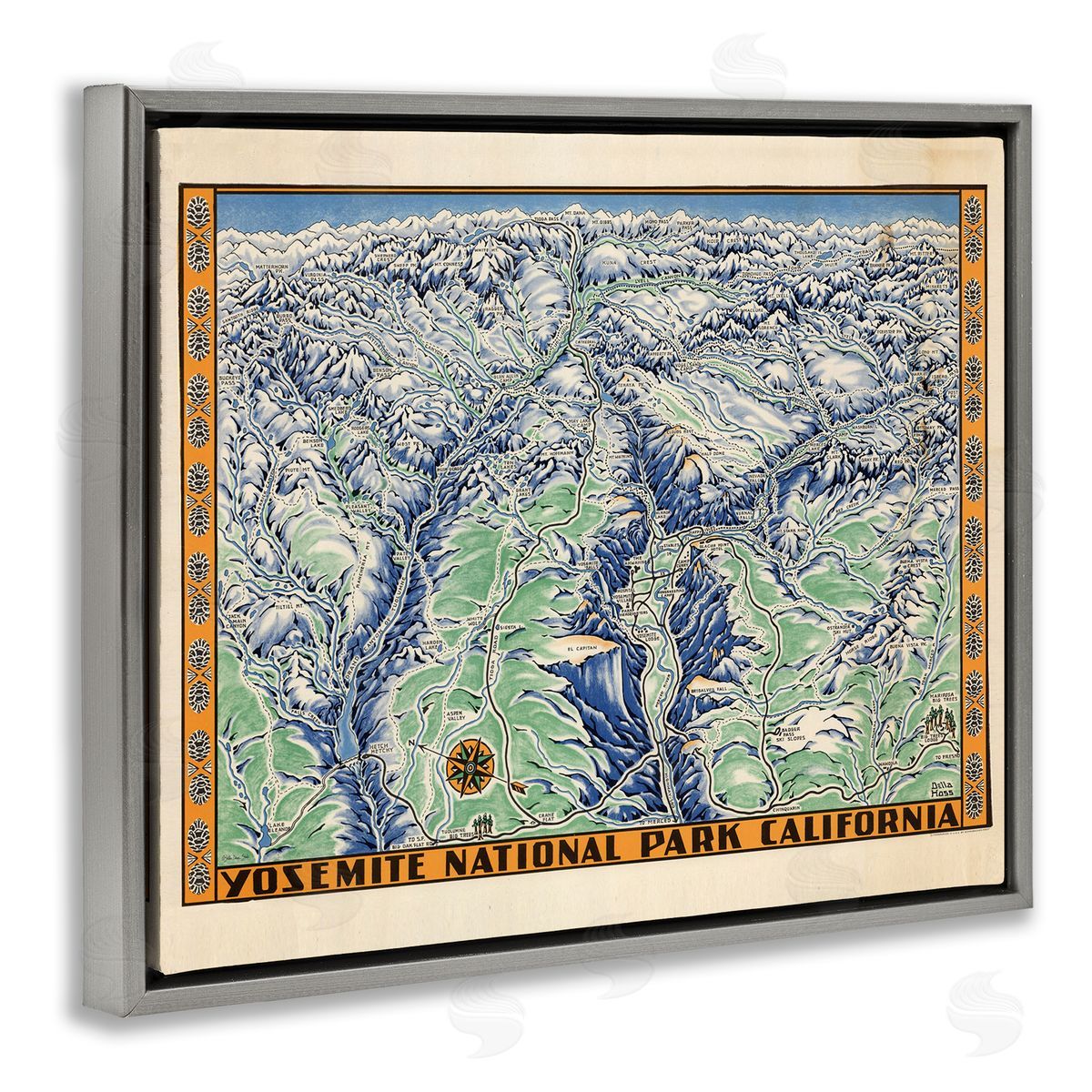 Stellar Design Studio Vintage Yosemite Map Gray Floating Frame Canvas Wall Art Print