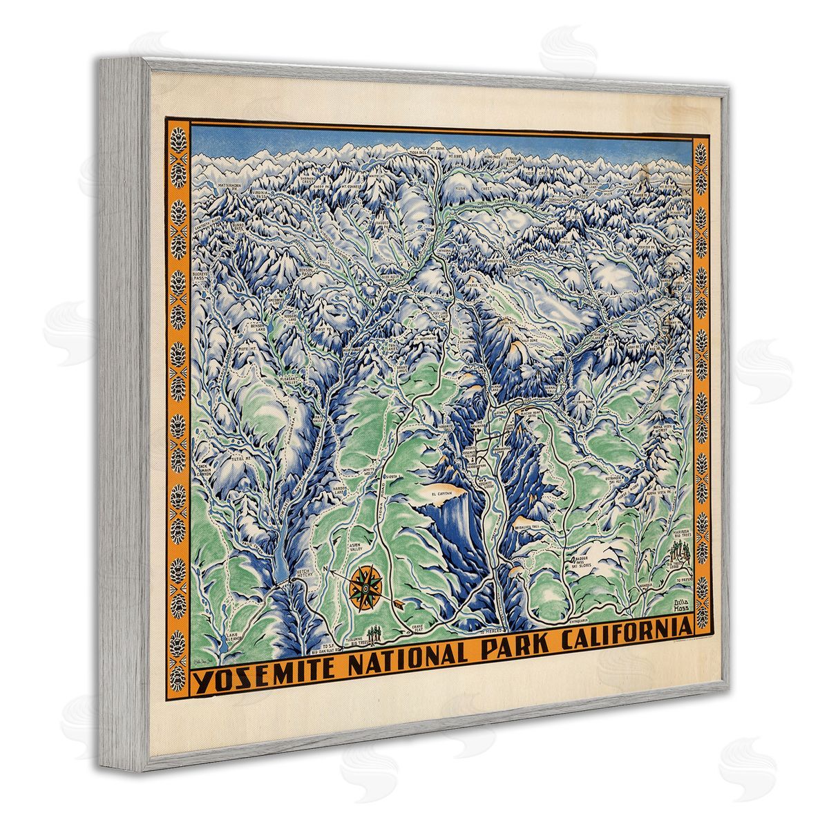 Stellar Design Studio Vintage Yosemite Map Gray Framed Giclee Wall Art Print