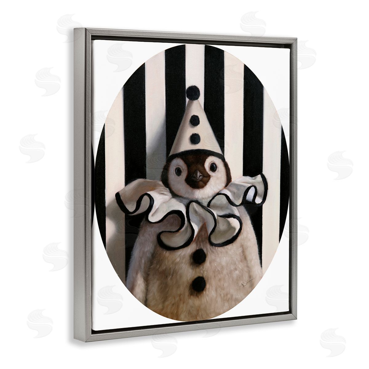 Lucia Heffernan Clown Themed Penguin Gray Floating Frame Canvas Wall Art Print