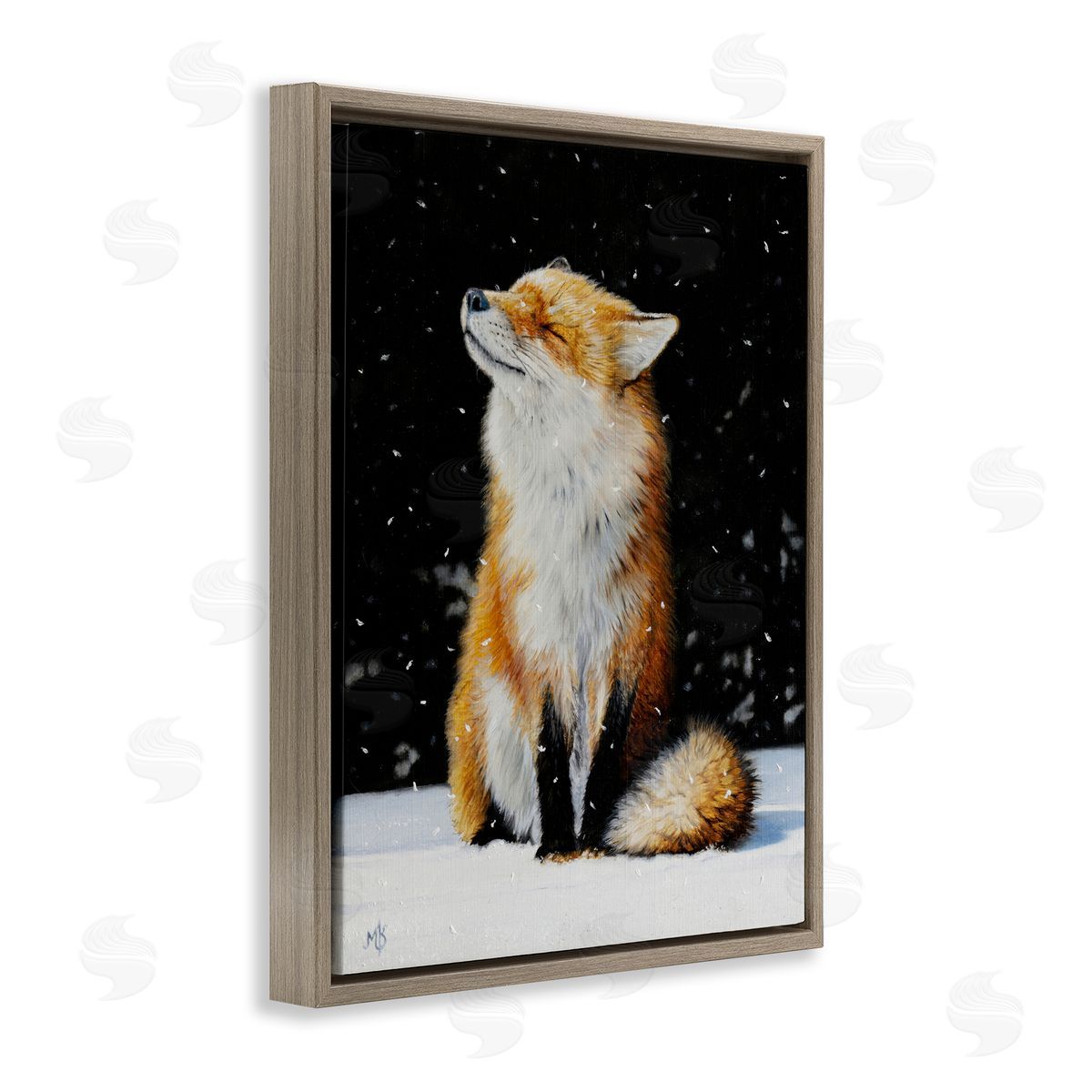 Mark Kelso Blissful Fox with Snowflakes Brown Floating Frame Canvas Wall Art Print