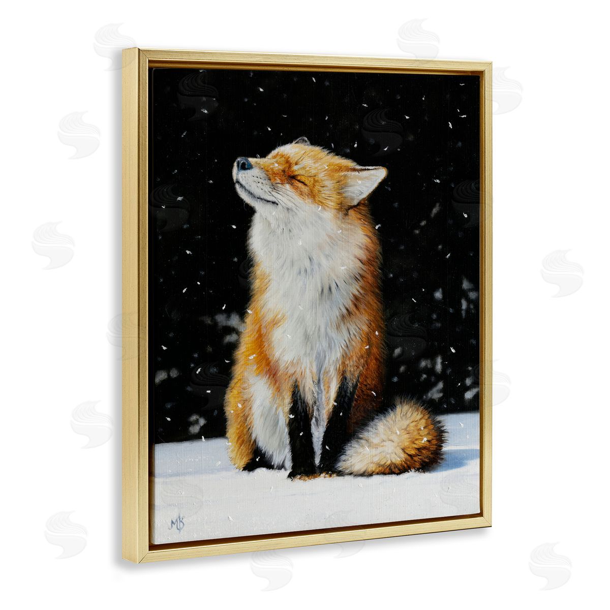 Mark Kelso Blissful Fox with Snowflakes Gold Floating Frame Canvas Wall Art Print