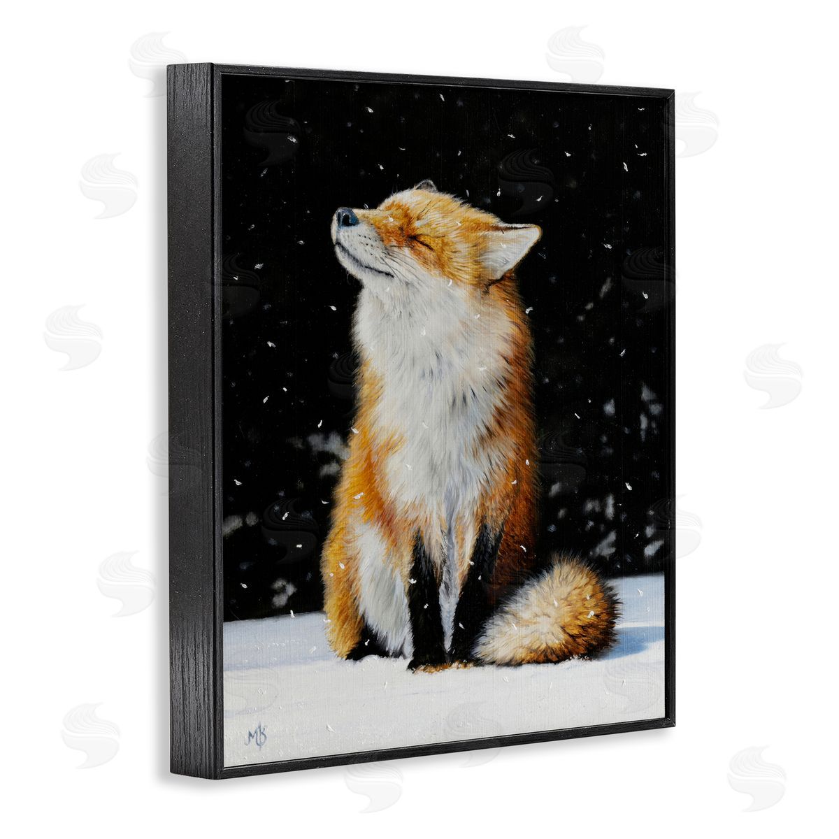 Mark Kelso Blissful Fox with Snowflakes Black Framed Giclee Wall Art Print