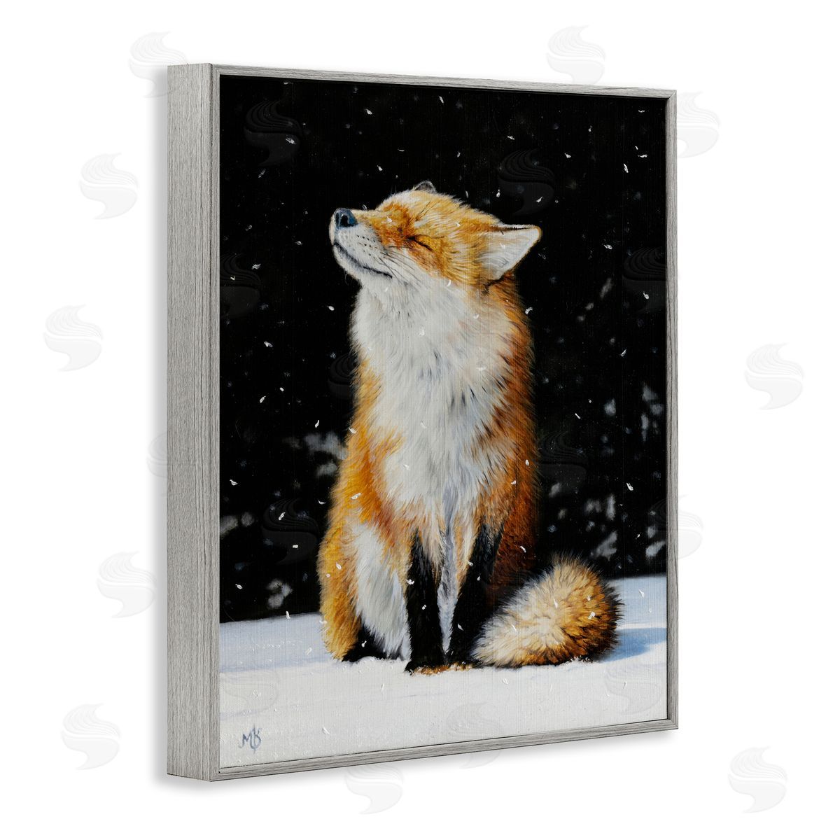 Mark Kelso Blissful Fox with Snowflakes Gray Framed Giclee Wall Art Print