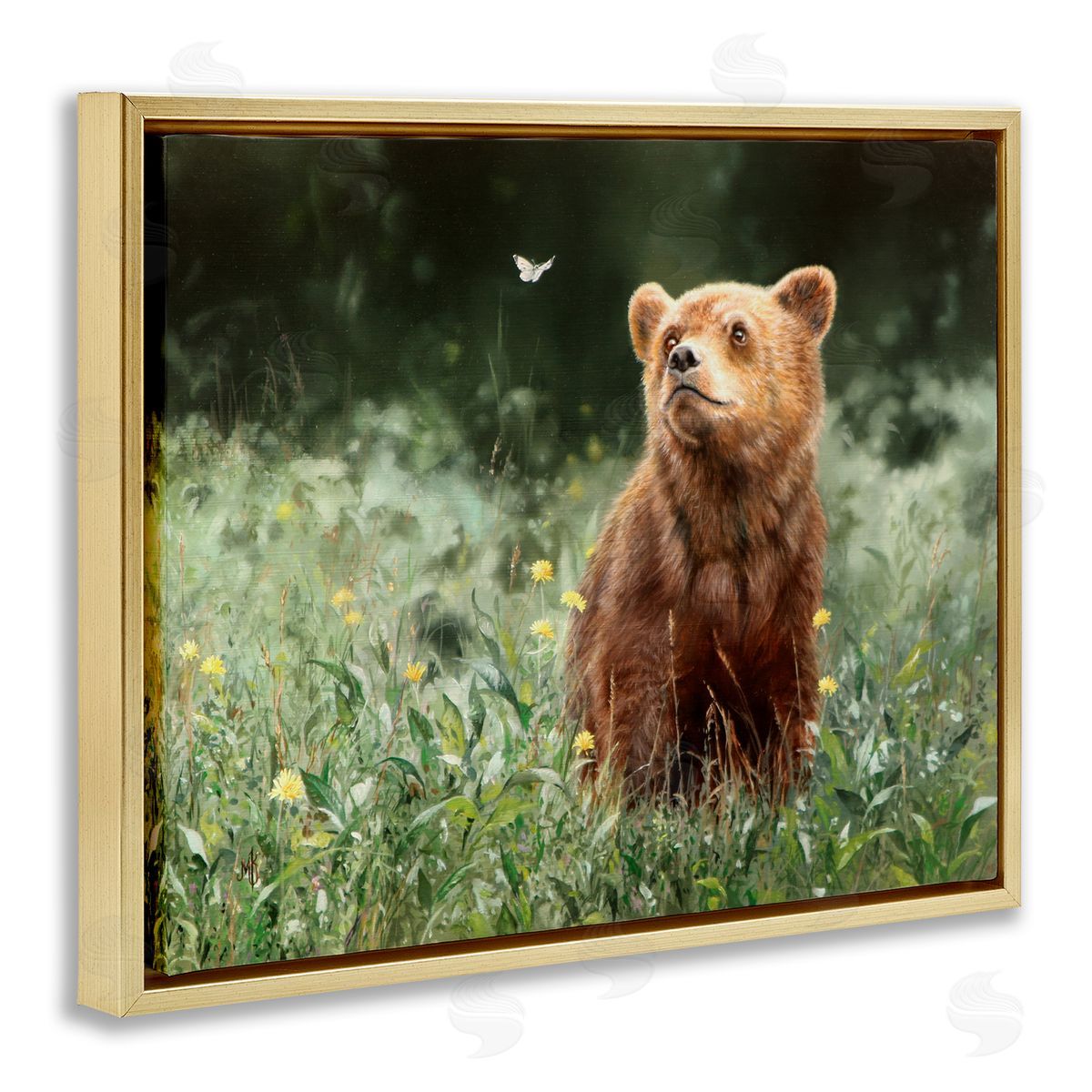 Mark Kelso Baby Bear & Butterfly Gold Floating Frame Canvas Wall Art Print