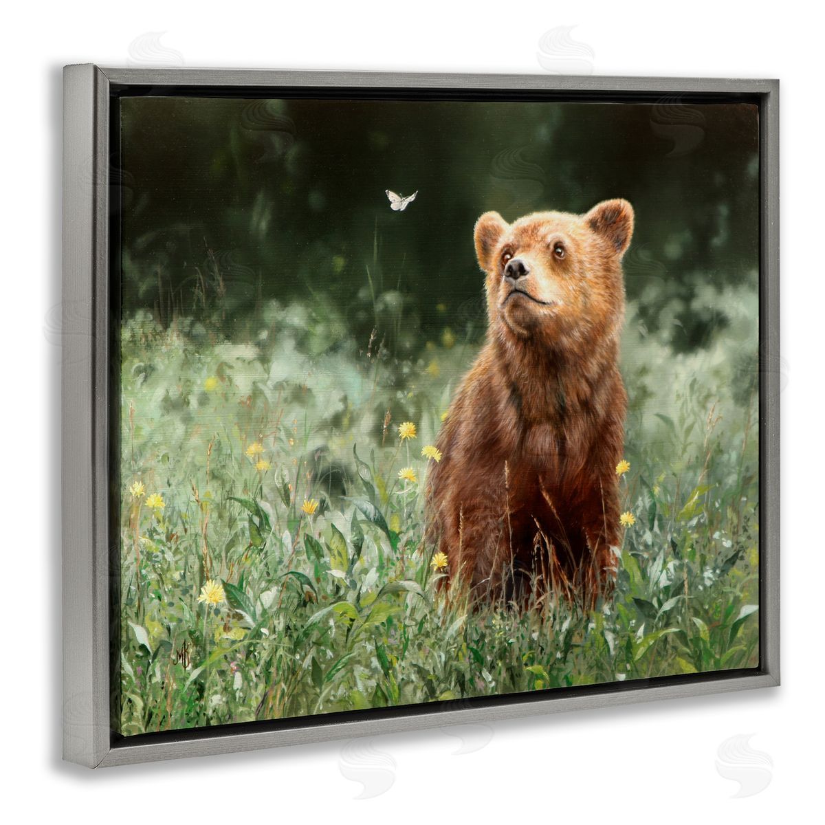 Mark Kelso Baby Bear & Butterfly Gray Floating Frame Canvas Wall Art Print