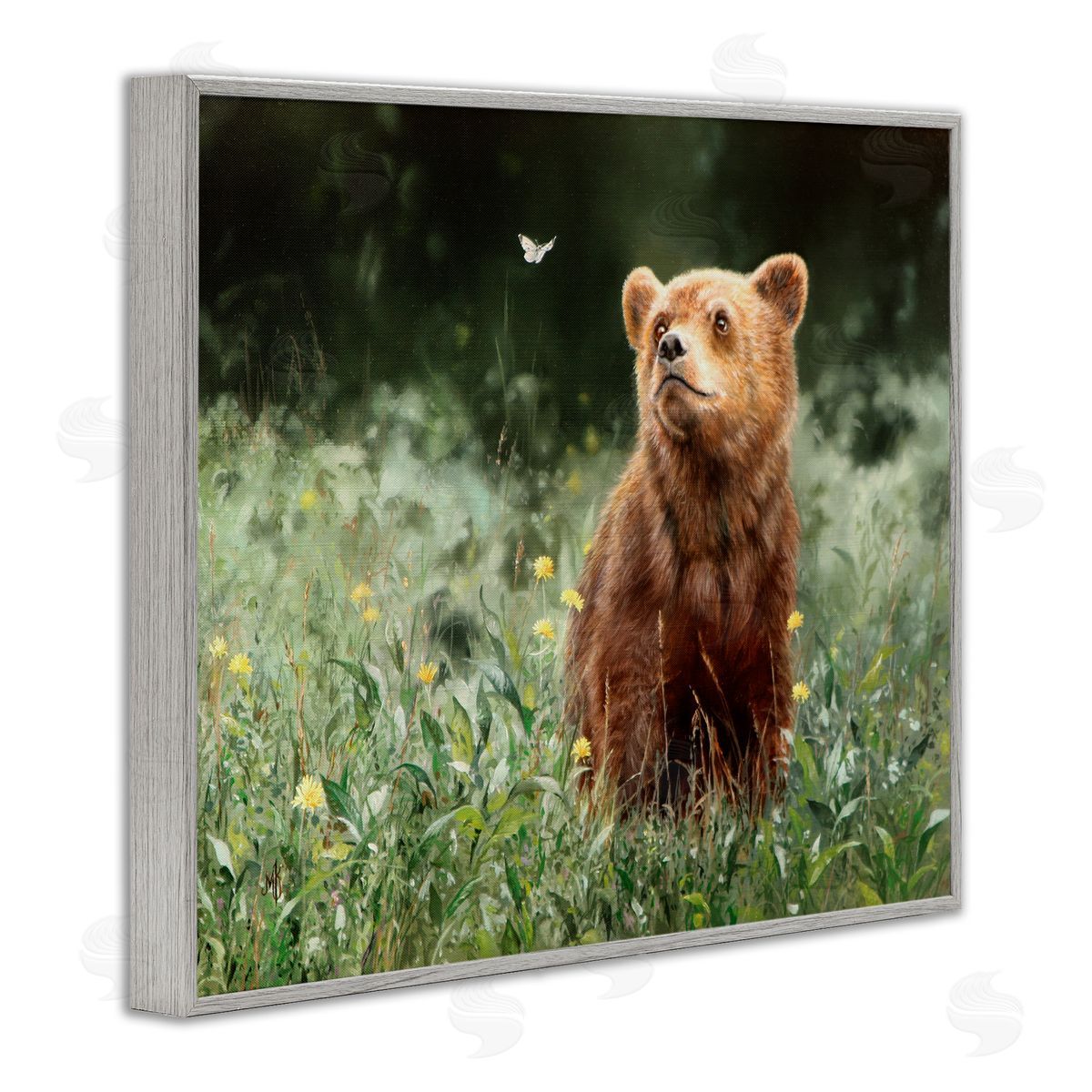 Mark Kelso Baby Bear & Butterfly Gray Framed Giclee Wall Art Print