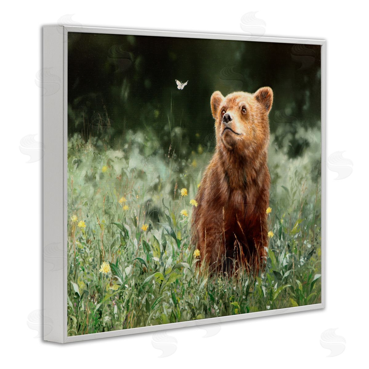 Mark Kelso Baby Bear & Butterfly White Framed Giclee Wall Art Print