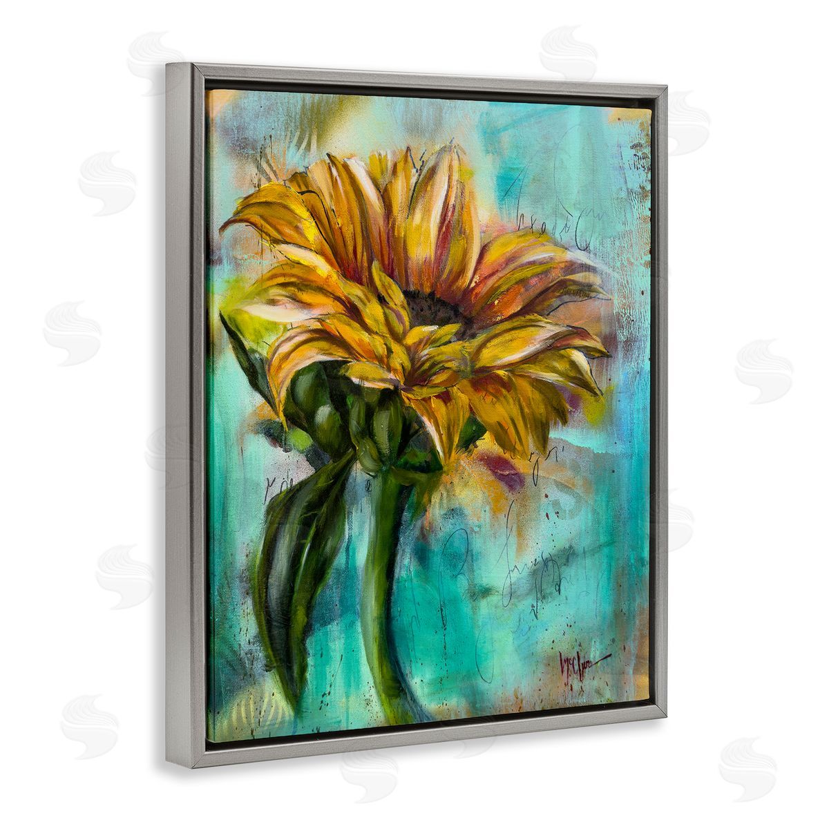 Linda McClure End Of Summer Sunflower Gray Floating Frame Canvas Wall Art Print