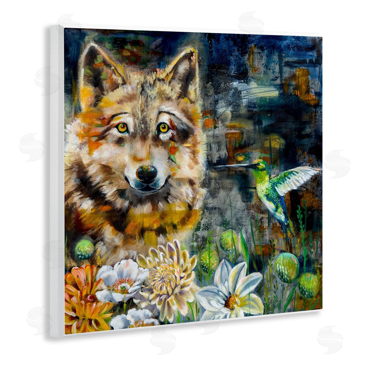 Linda McClure Beautiful Wolf & Hummingbird Wooden Wall Plaque Art Print