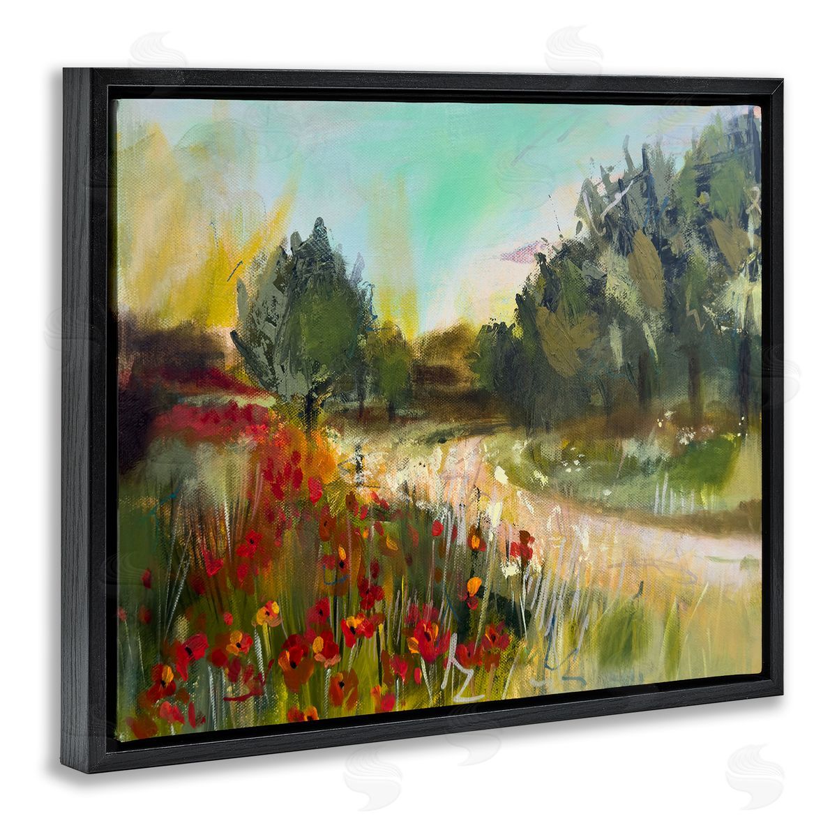 Linda McClure Poppy Sunset Landscape Black Floating Frame Canvas Wall Art Print