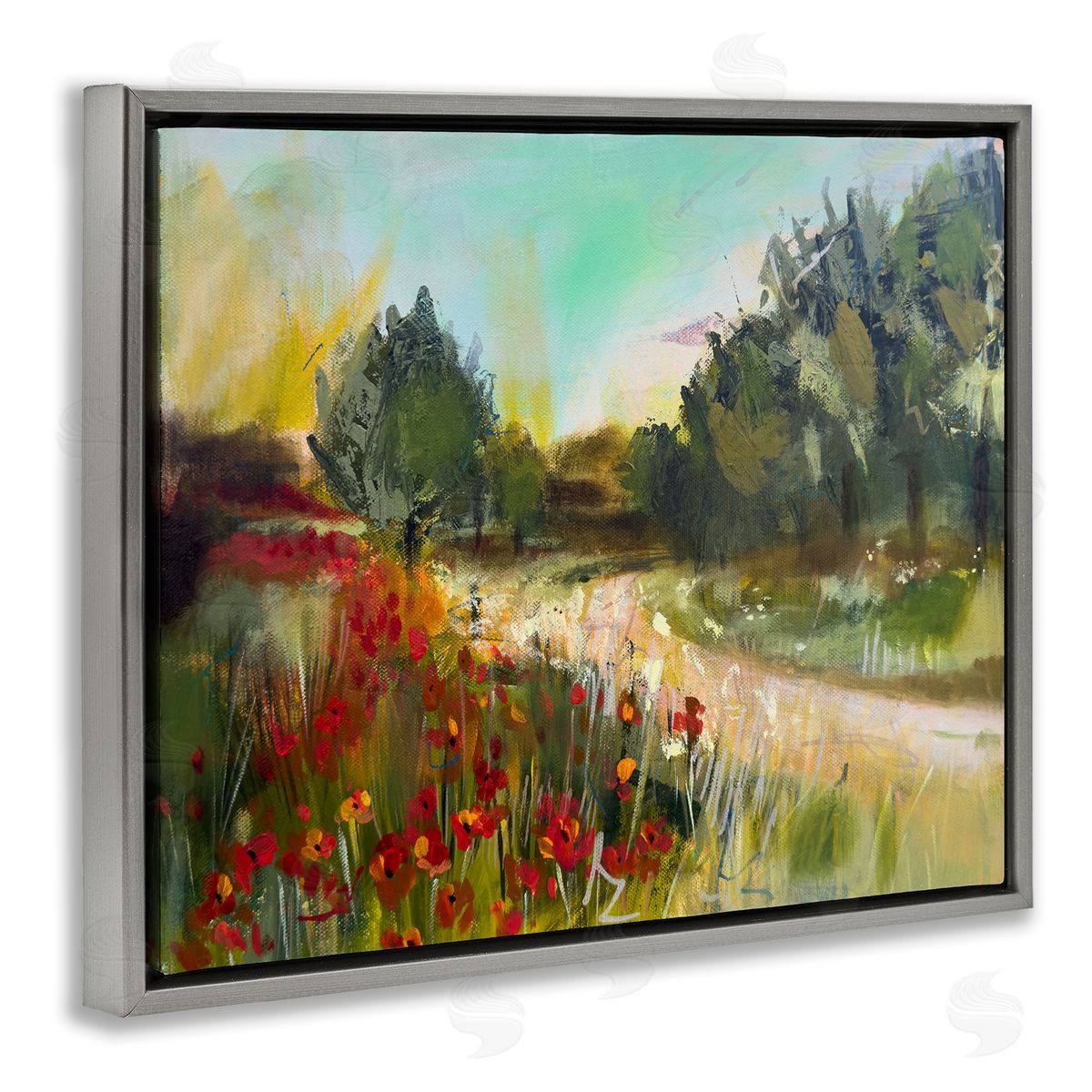 Linda McClure Poppy Sunset Landscape Gray Floating Frame Canvas Wall Art Print