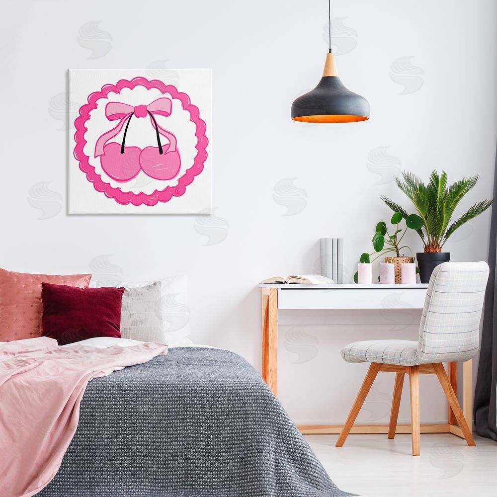 Carrie Cantwell Pink Cherries & Bow Canvas Wall Art Print in Room