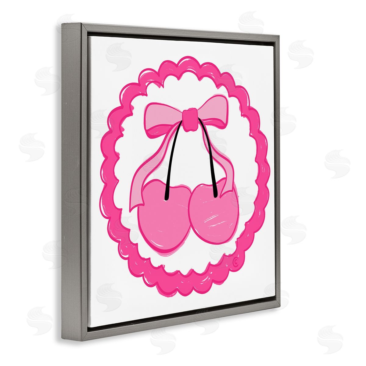 Carrie Cantwell Pink Cherries & Bow Gray Floating Frame Canvas Wall Art Print
