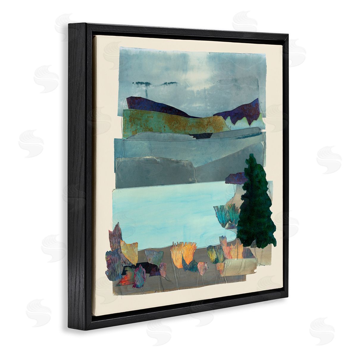 Sara Everett Abstract Lake View Scene Black Floating Frame Canvas Wall Art Print