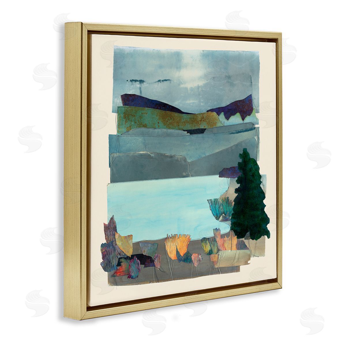 Sara Everett Abstract Lake View Scene Gold Floating Frame Canvas Wall Art Print
