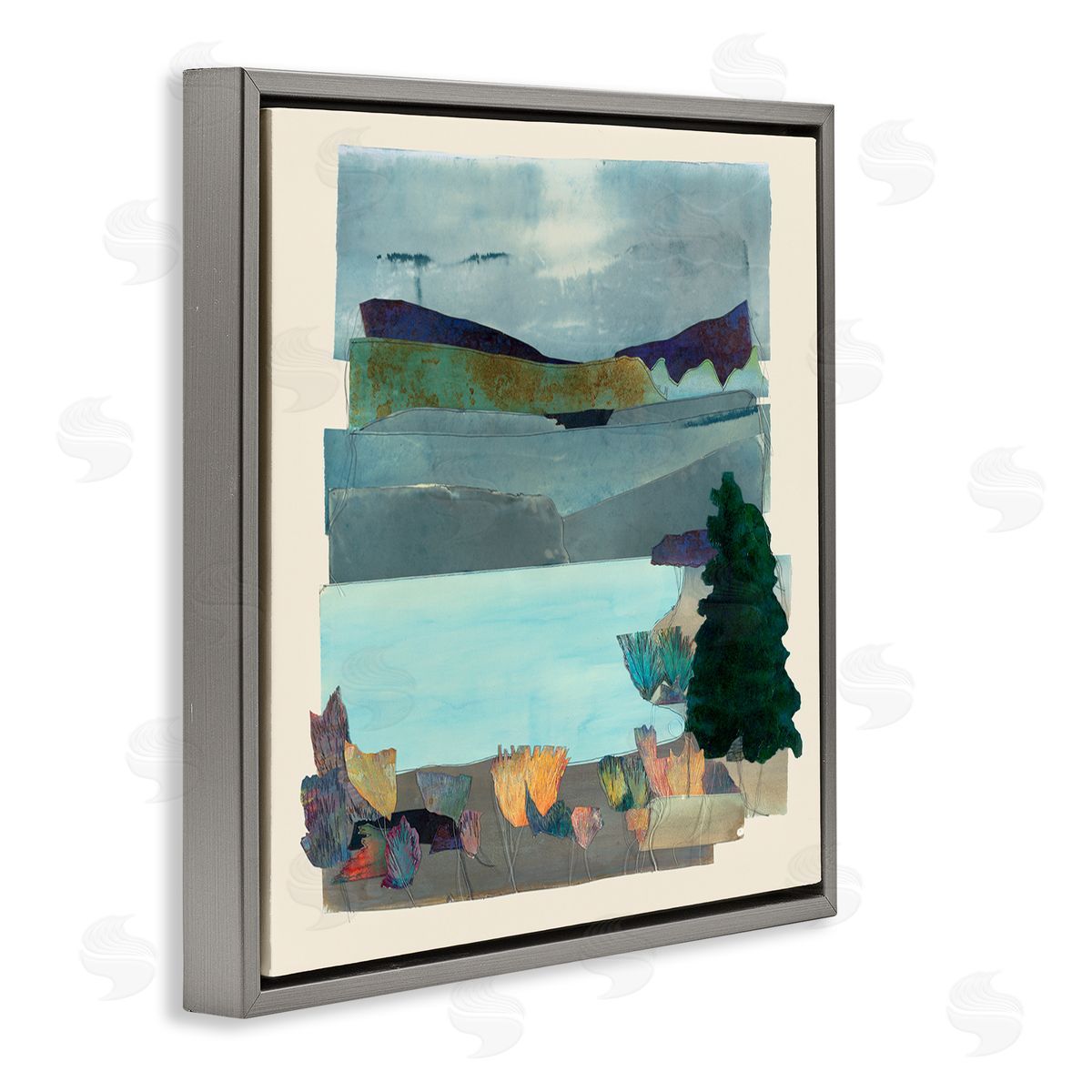 Sara Everett Abstract Lake View Scene Gray Floating Frame Canvas Wall Art Print