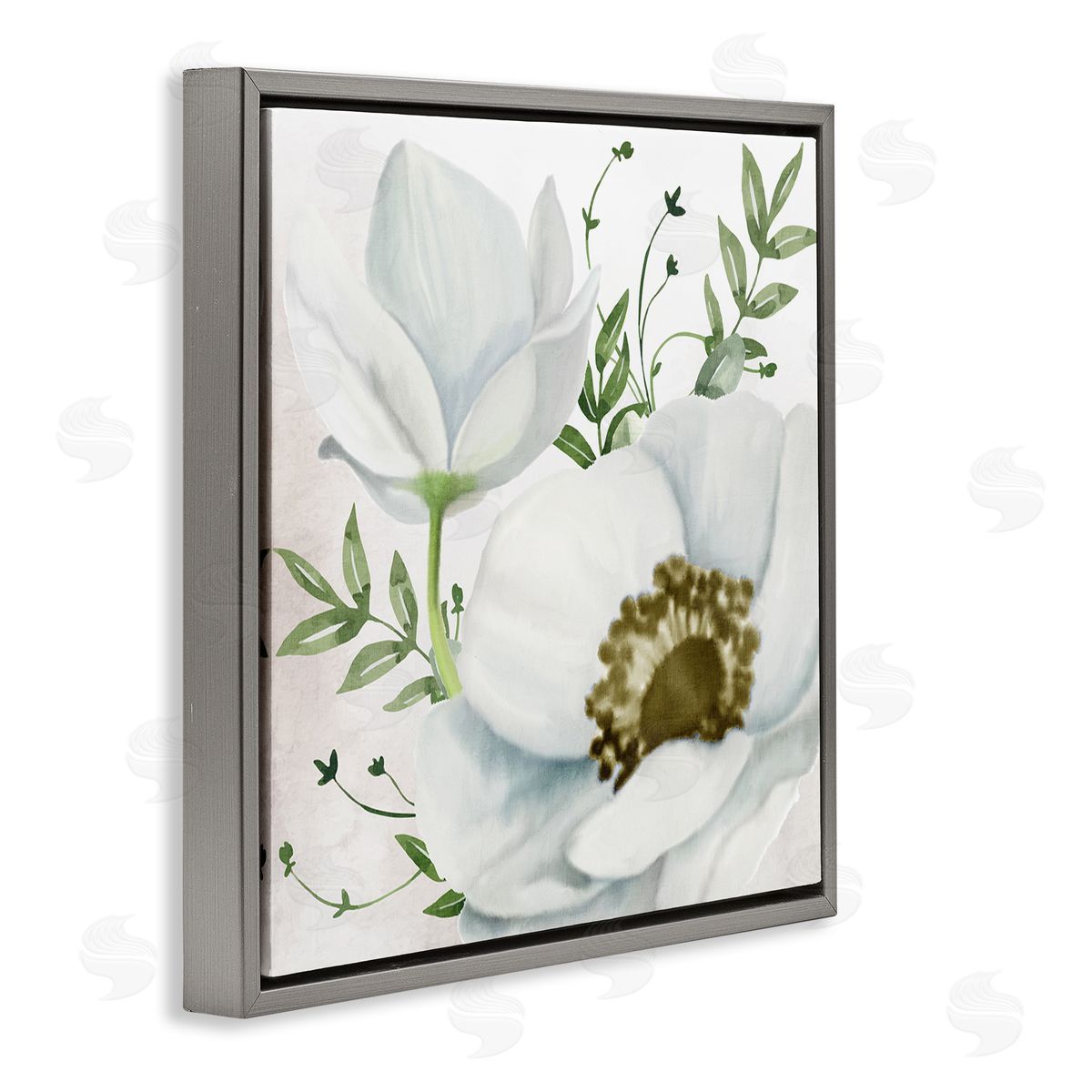 Kim Allen Magnolia & Leaf Sprigs Gray Floating Frame Canvas Wall Art Print