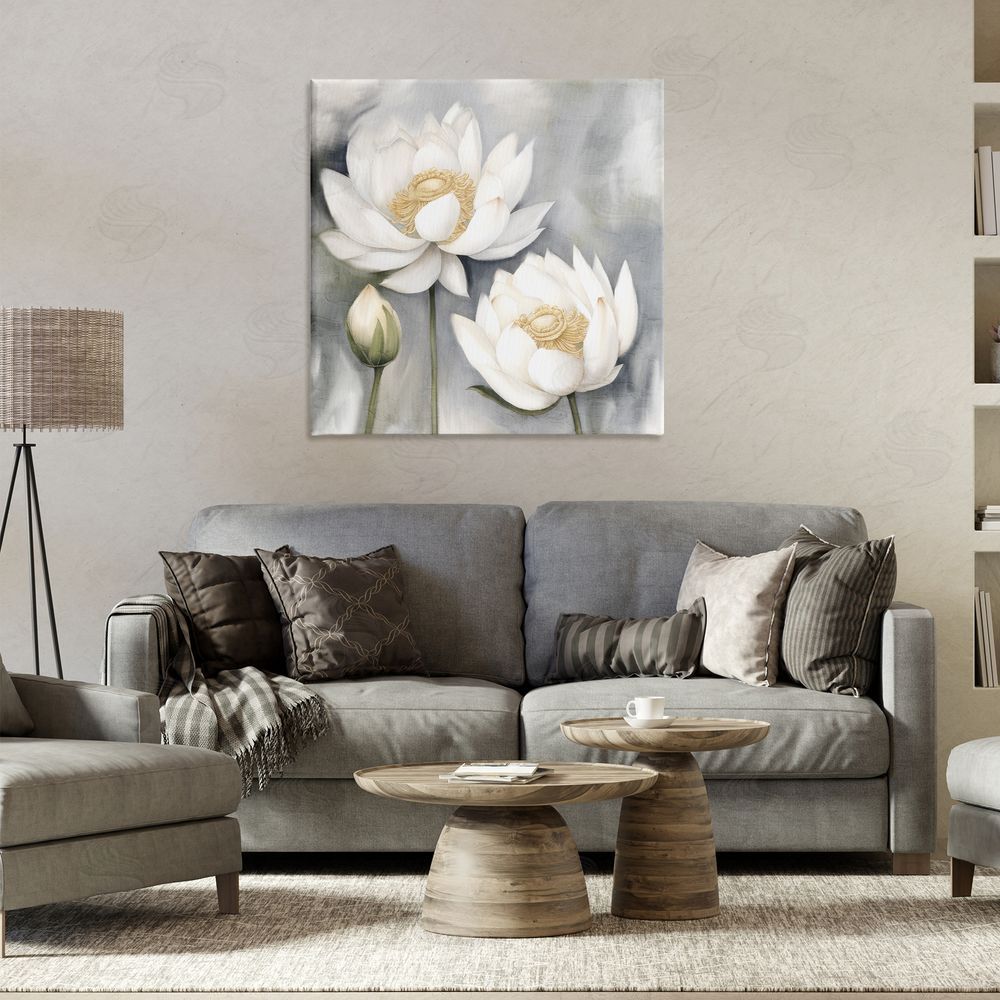 Kim Allen White Lotuses on Grey Canvas Wall Art Print in Room