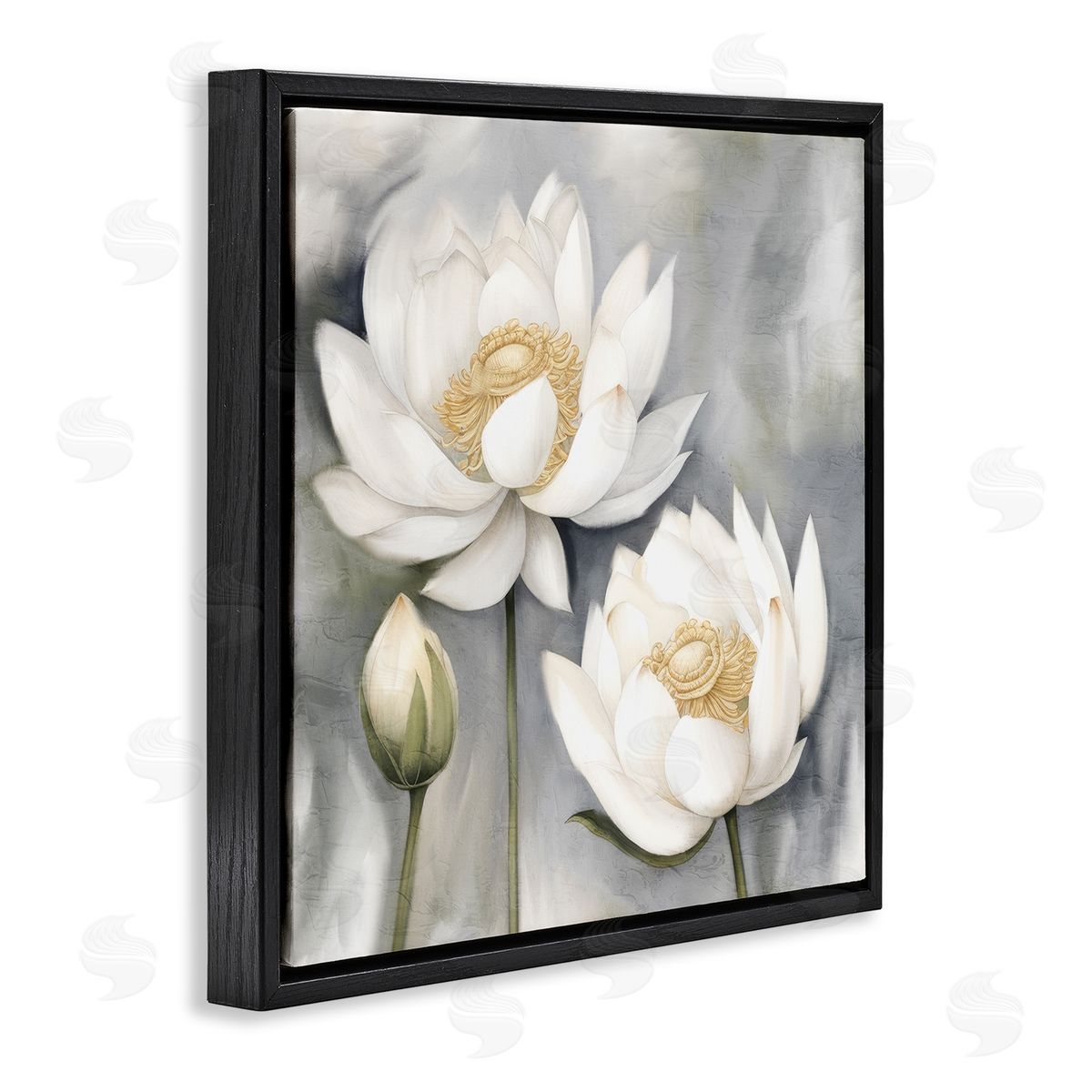 Kim Allen White Lotuses on Grey Black Floating Frame Canvas Wall Art Print