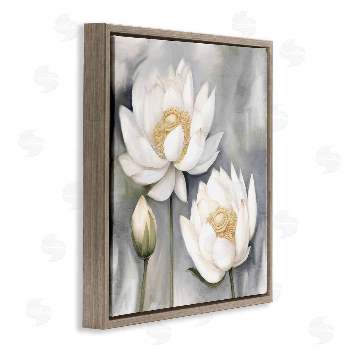 Kim Allen White Lotuses on Grey Brown Floating Frame Canvas Wall Art Print