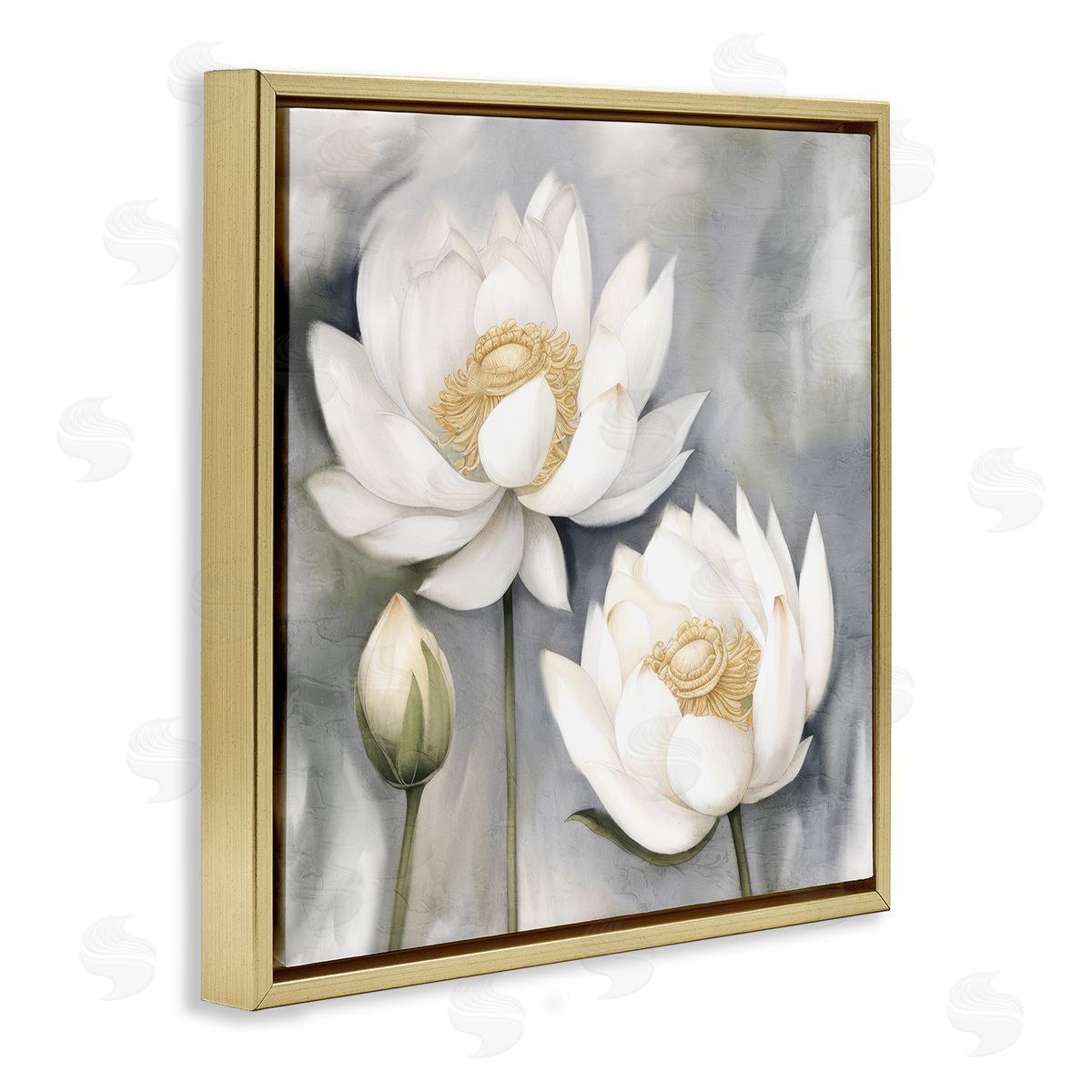 Kim Allen White Lotuses on Grey Gold Floating Frame Canvas Wall Art Print