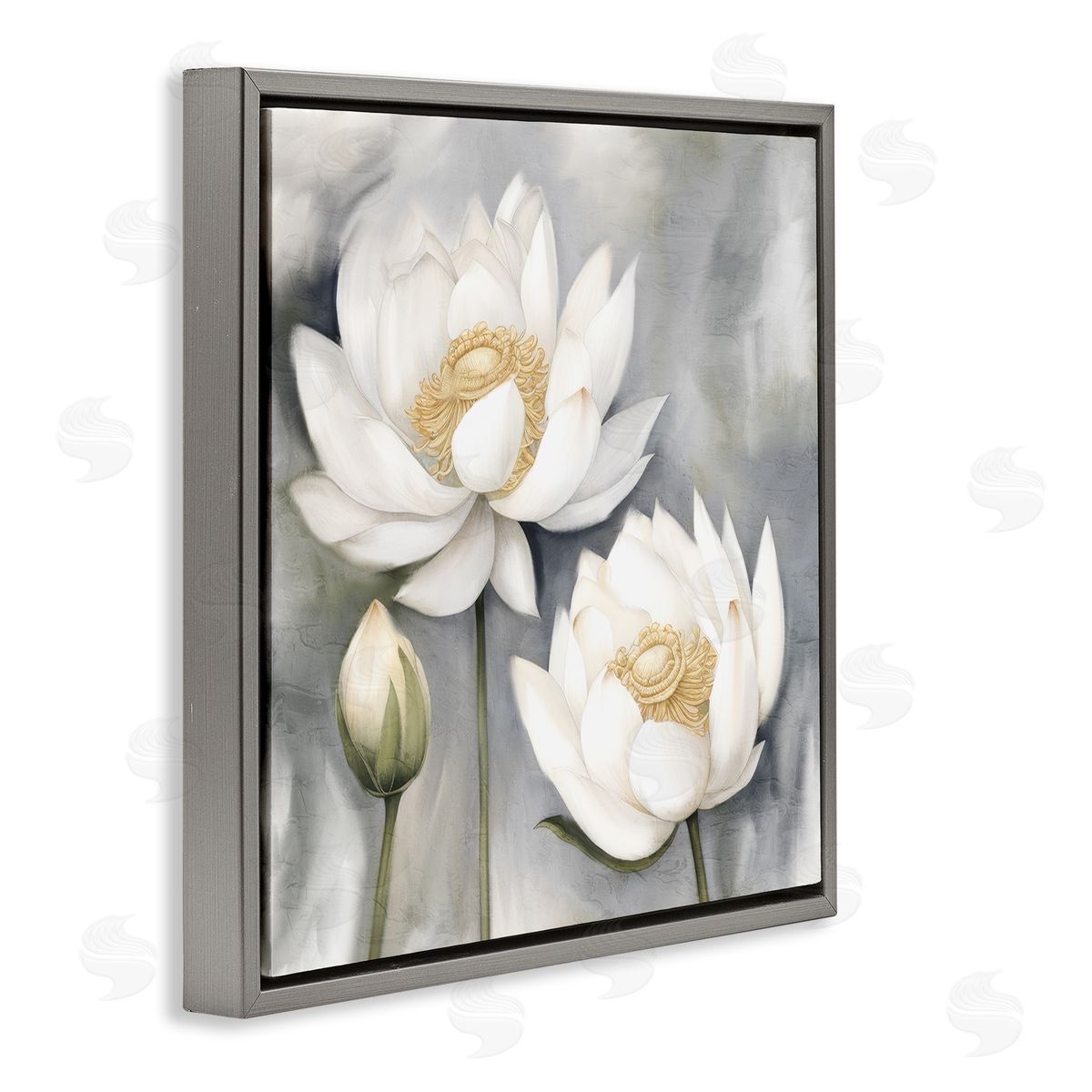 Kim Allen White Lotuses on Grey Gray Floating Frame Canvas Wall Art Print